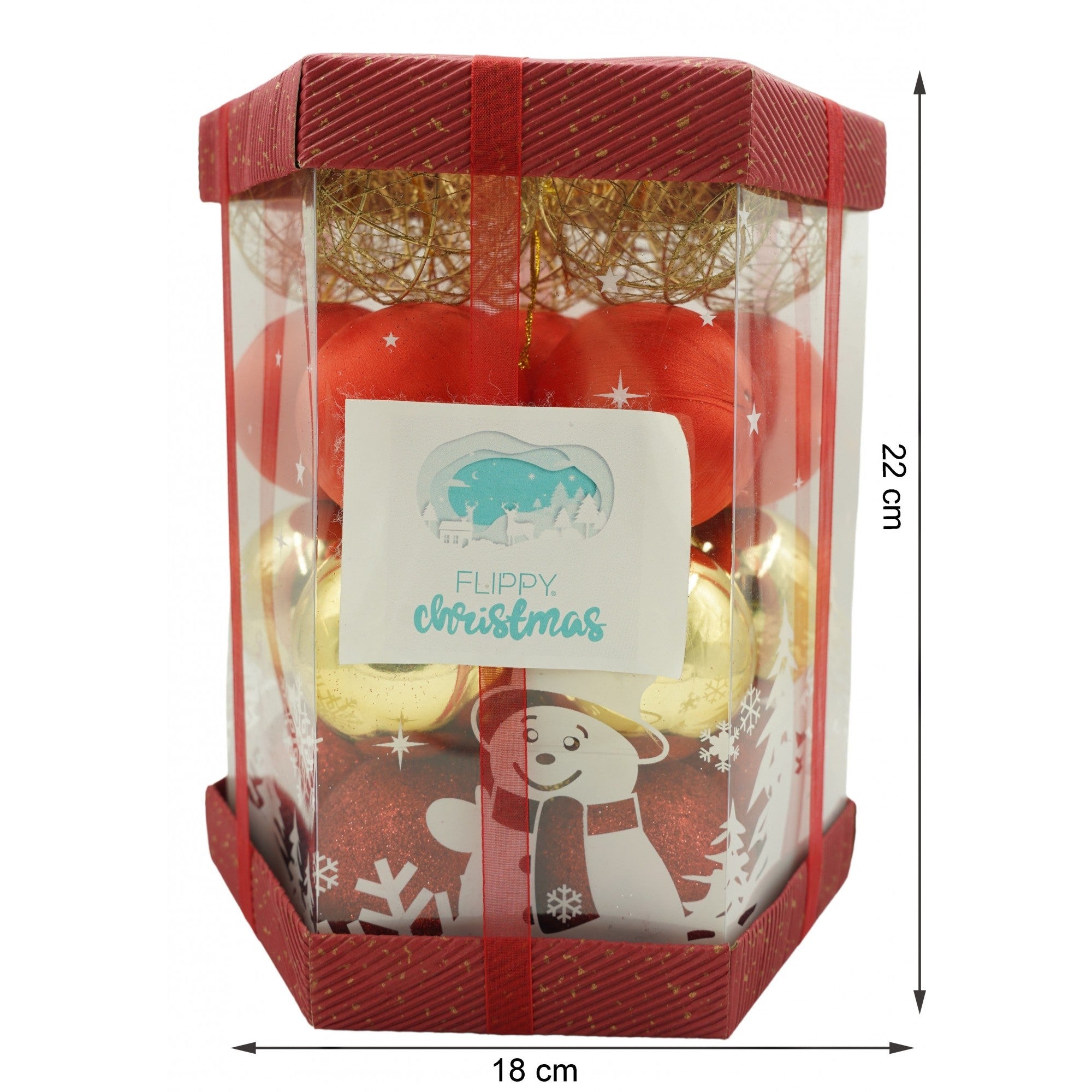 Set de 28 ornamente de brad, de tip Glob, Rosu/ Auriu, din polistiren, cu finisaj sclipitor , cutie 18 cm adancime x 22 cm inaltime x 18 cm lungime)