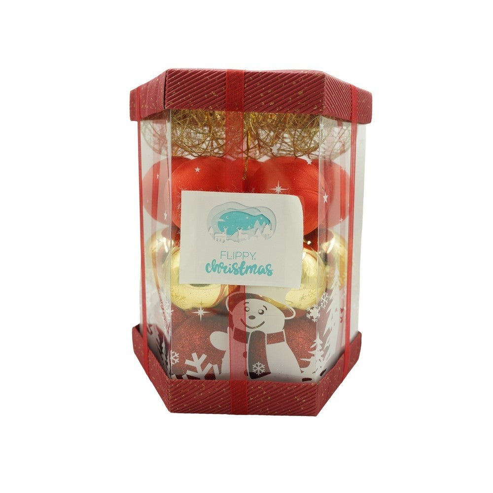 Set de 28 ornamente de brad, de tip Glob, Rosu/ Auriu, din polistiren, cu finisaj sclipitor , cutie 18 cm adancime x 22 cm inaltime x 18 cm lungime)