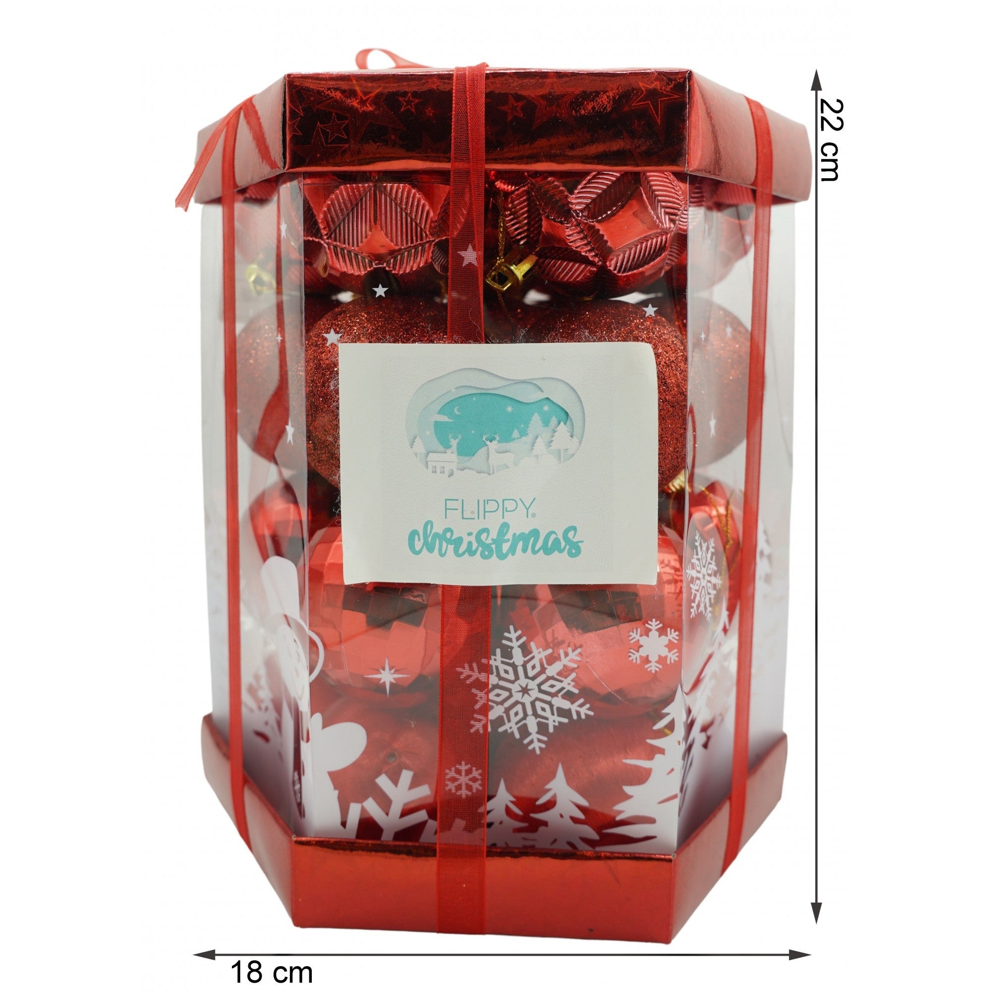 Set de 28 ornamente de brad, de tip Glob, Rosu, din polistiren, cu finisaj sclipitor , cutie 18 cm adancime x 22 cm inaltime x 18 cm lungime)