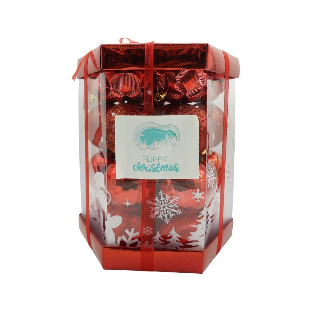 Set de 28 ornamente de brad, de tip Glob, Rosu, din polistiren, cu finisaj sclipitor , cutie 18 cm adancime x 22 cm inaltime x 18 cm lungime)