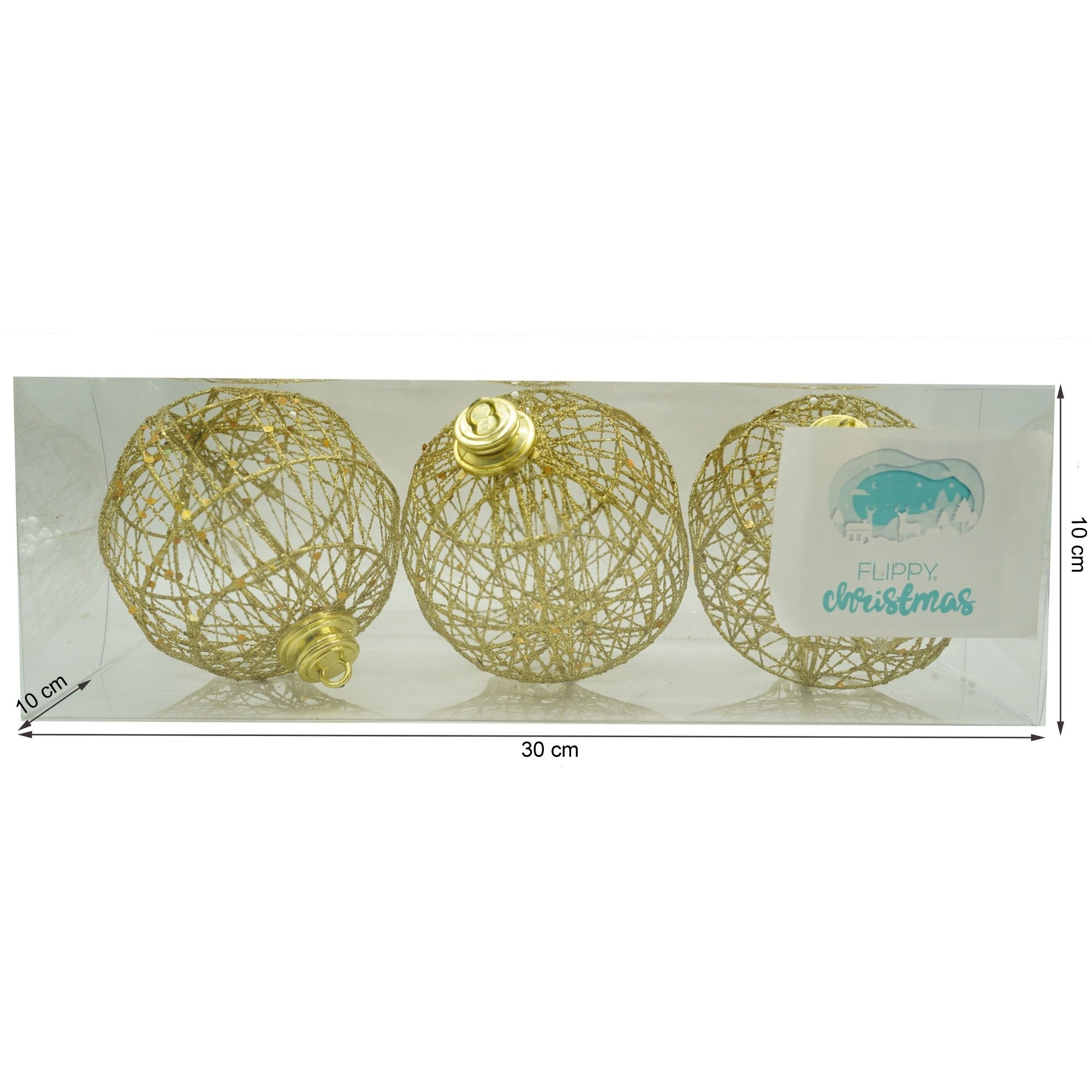 Set de 3 ornamente de brad, de tip Glob, Auriu, cu ø de 10 cm, din metal, cu finisaj sclipitor , cutie 10 cm adancime x 30 cm lungime x 10 cm inaltime