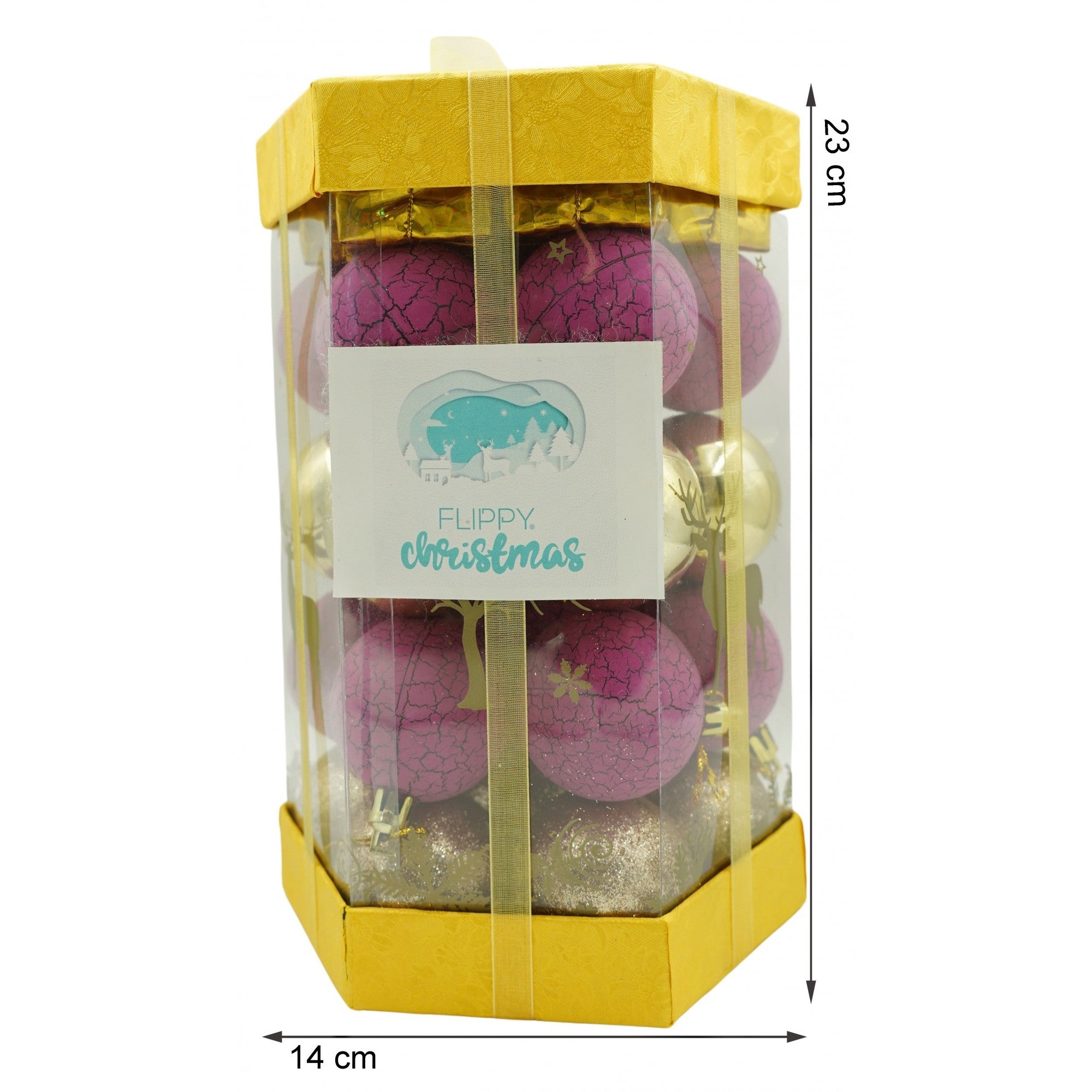Set de 35 ornamente de brad, de tip Glob, Auriu/ Mov, din polistiren, cu finisaj sclipitor , cutie 14 cm adancime x 23 cm inaltime x 14 cm lungime)