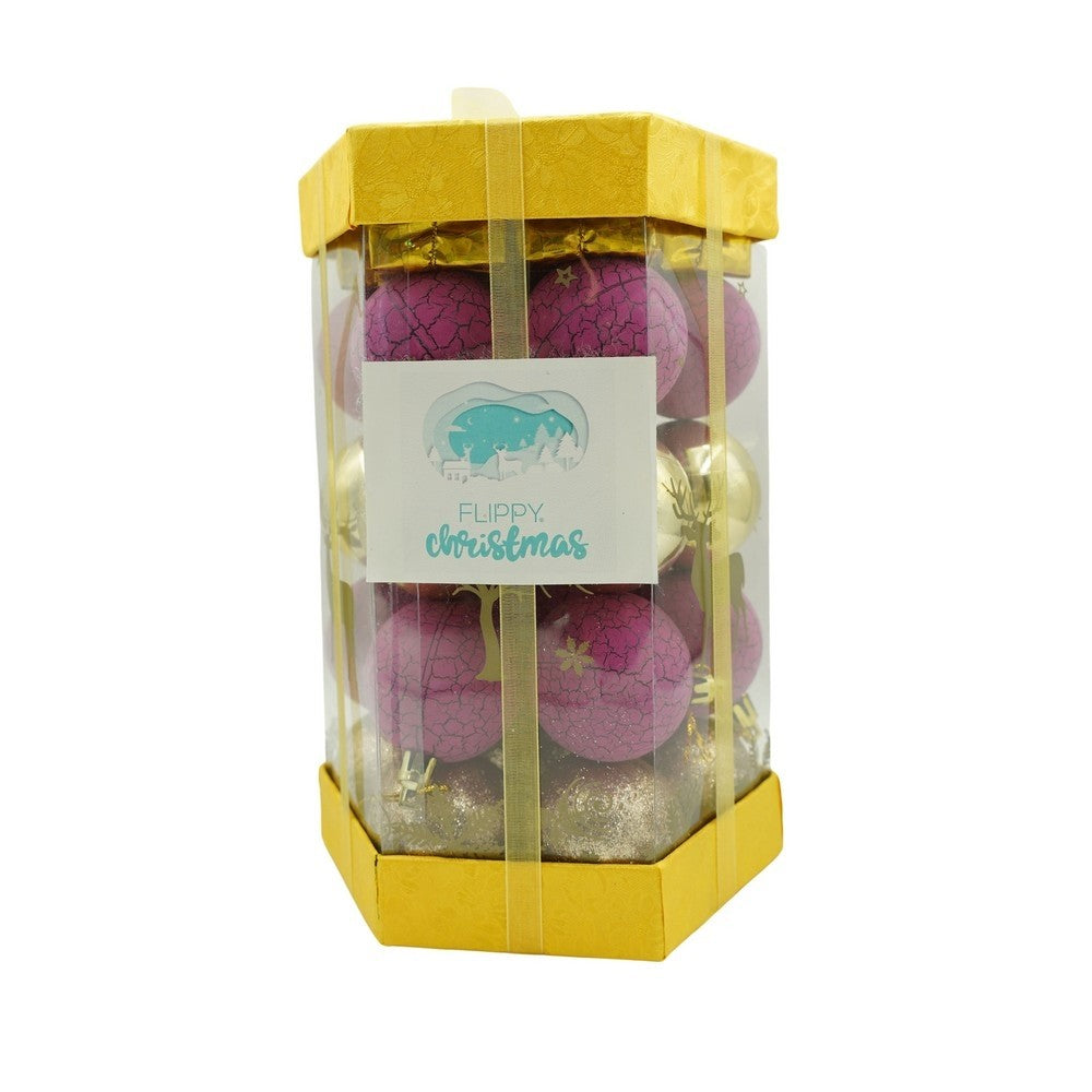 Set de 35 ornamente de brad, de tip Glob, Auriu/ Mov, din polistiren, cu finisaj sclipitor , cutie 14 cm adancime x 23 cm inaltime x 14 cm lungime)
