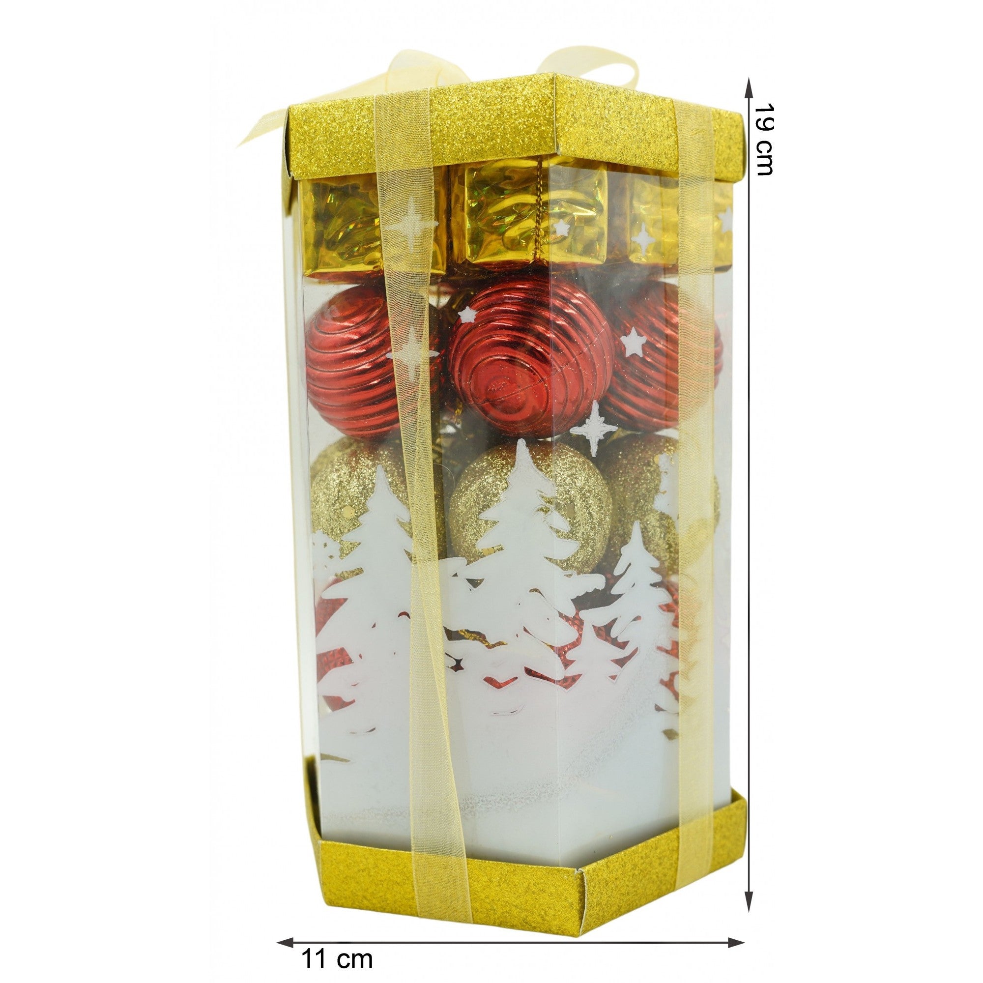 Set de 35 ornamente de brad, de tip Glob, Rosu/ Auriu, din polistiren, cu finisaj sclipitor , cutie 11 cm adancime x 19 cm inaltime x 11 cm lungime)