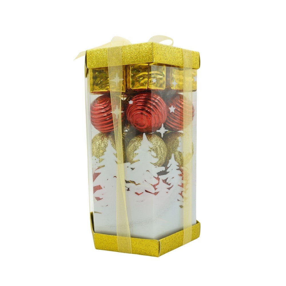 Set de 35 ornamente de brad, de tip Glob, Rosu/ Auriu, din polistiren, cu finisaj sclipitor , cutie 11 cm adancime x 19 cm inaltime x 11 cm lungime)