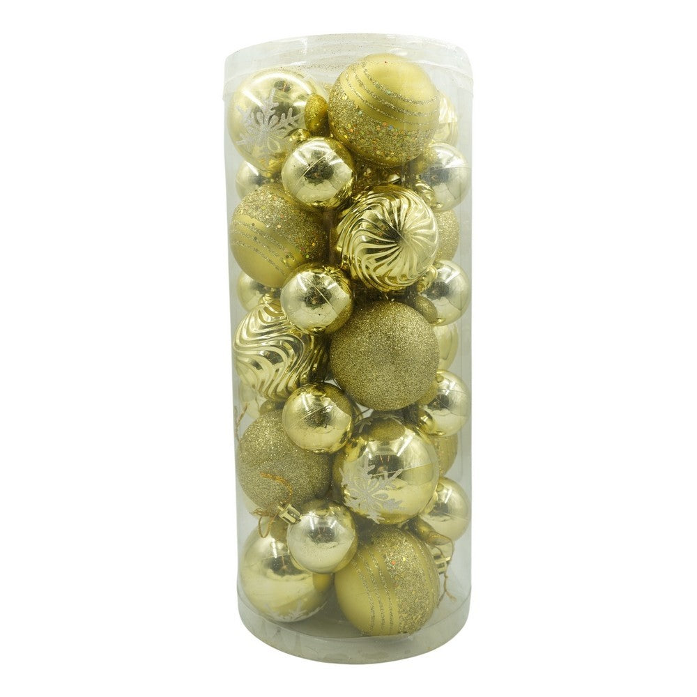 Set de 36 ornamente de brad, de tip Glob, Auriu, cu ø de 6 cm, din plastic, cu finisaj sclipitor , cutie 14 cm lungime x 32 cm inaltime x 14 cm adancime