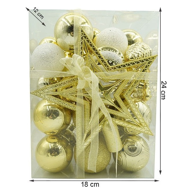 Set de 36 ornamente de brad, de tip Glob, Auriu, din plastic, cu finisaj sclipitor , cutie 12 cm adancime x 24 cm inaltime x 18 cm lungime