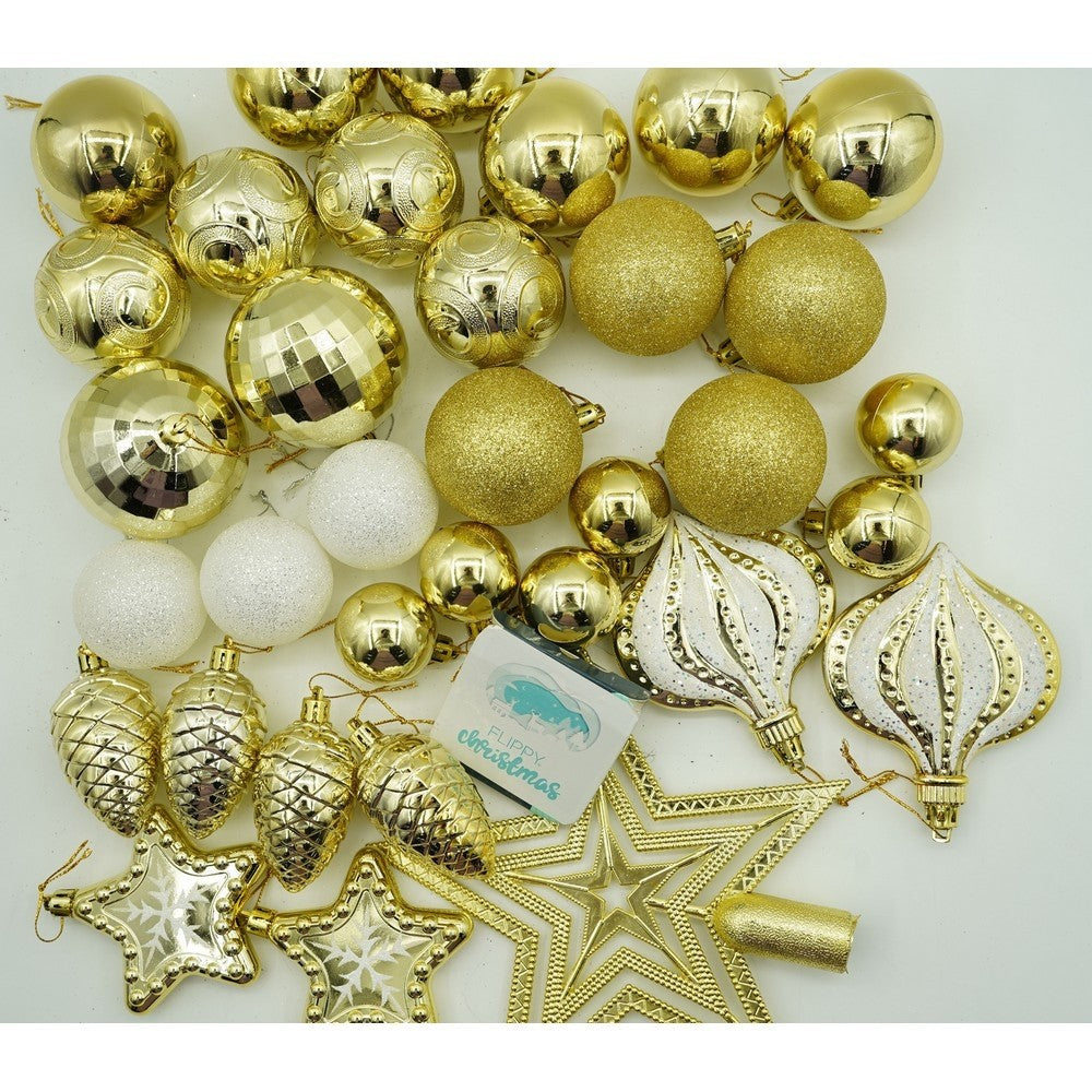 Set de 36 ornamente de brad, de tip Glob, Auriu, din plastic, cu finisaj sclipitor , cutie 12 cm adancime x 24 cm inaltime x 18 cm lungime