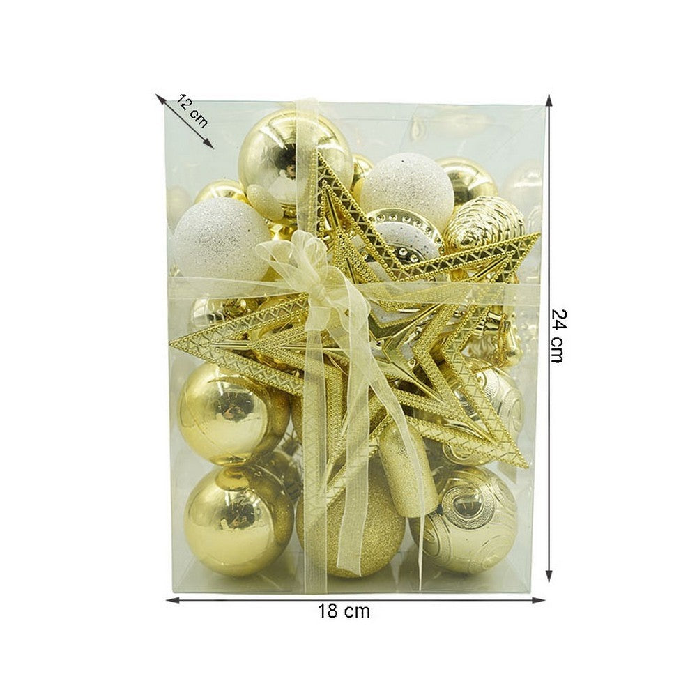 Set de 36 ornamente de brad, de tip Glob, Auriu, din plastic, cu finisaj sclipitor , cutie 12 cm adancime x 24 cm inaltime x 18 cm lungime