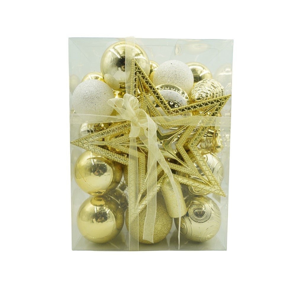 Set de 36 ornamente de brad, de tip Glob, Auriu, din plastic, cu finisaj sclipitor , cutie 12 cm adancime x 24 cm inaltime x 18 cm lungime