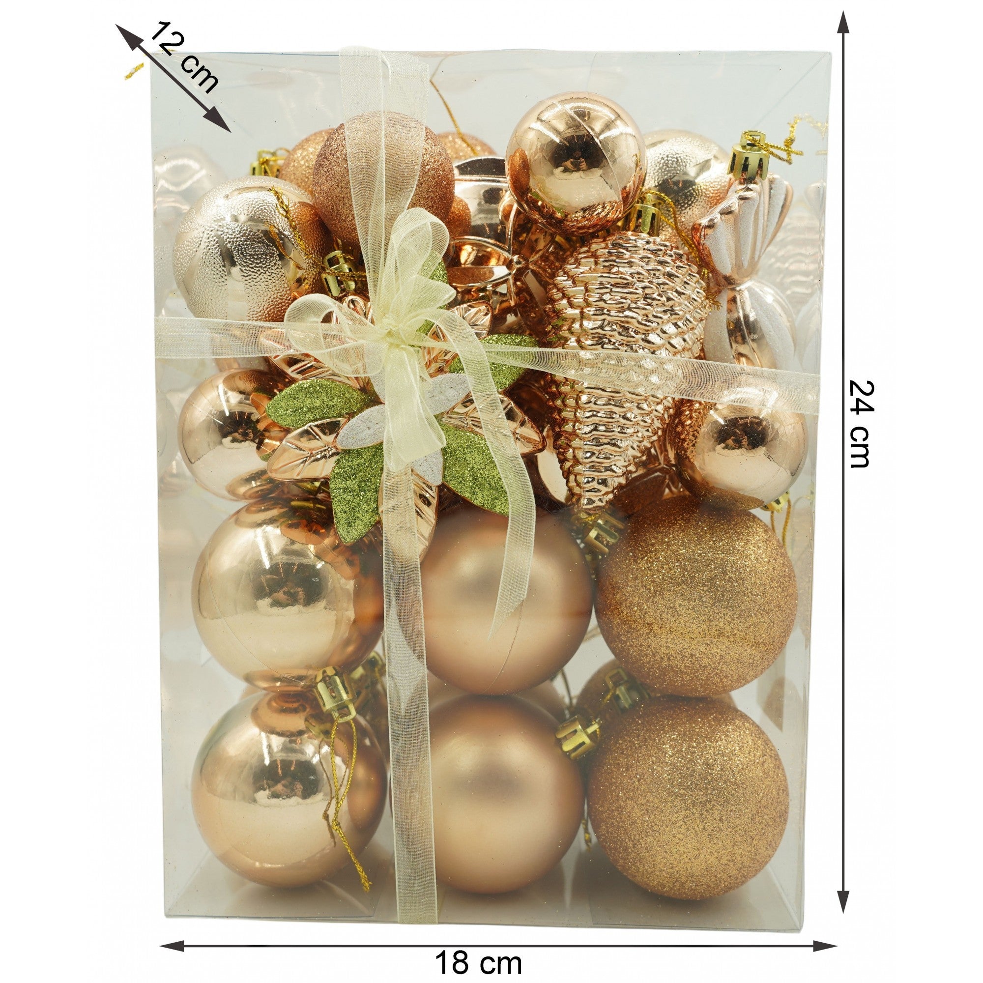 Set de 38 ornamente de brad, de tip Glob, Aramiu, din plastic, cu finisaj sclipitor , cutie 12 cm adancime x 24 cm inaltime x 18 cm lungime