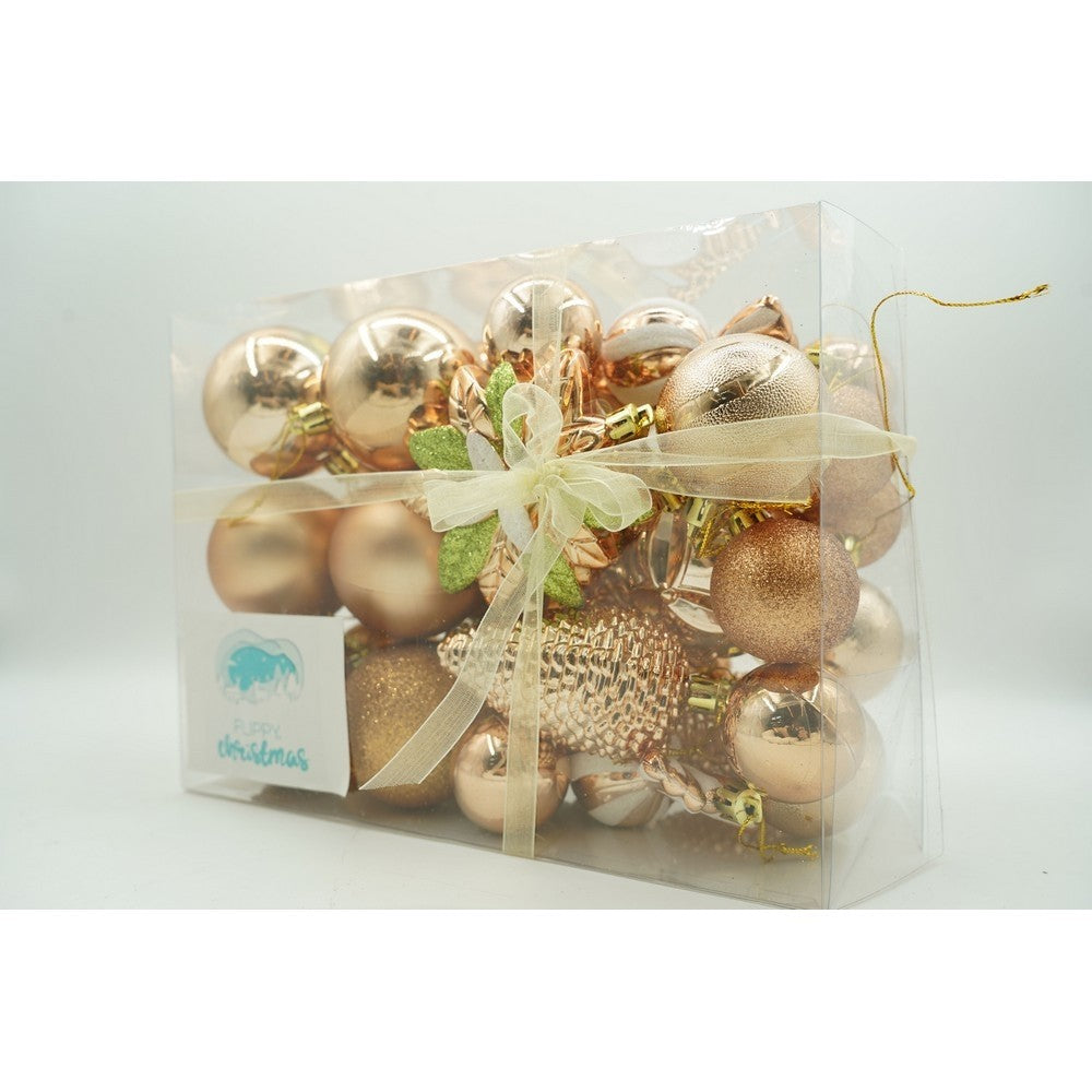Set de 38 ornamente de brad, de tip Glob, Aramiu, din plastic, cu finisaj sclipitor , cutie 12 cm adancime x 24 cm inaltime x 18 cm lungime
