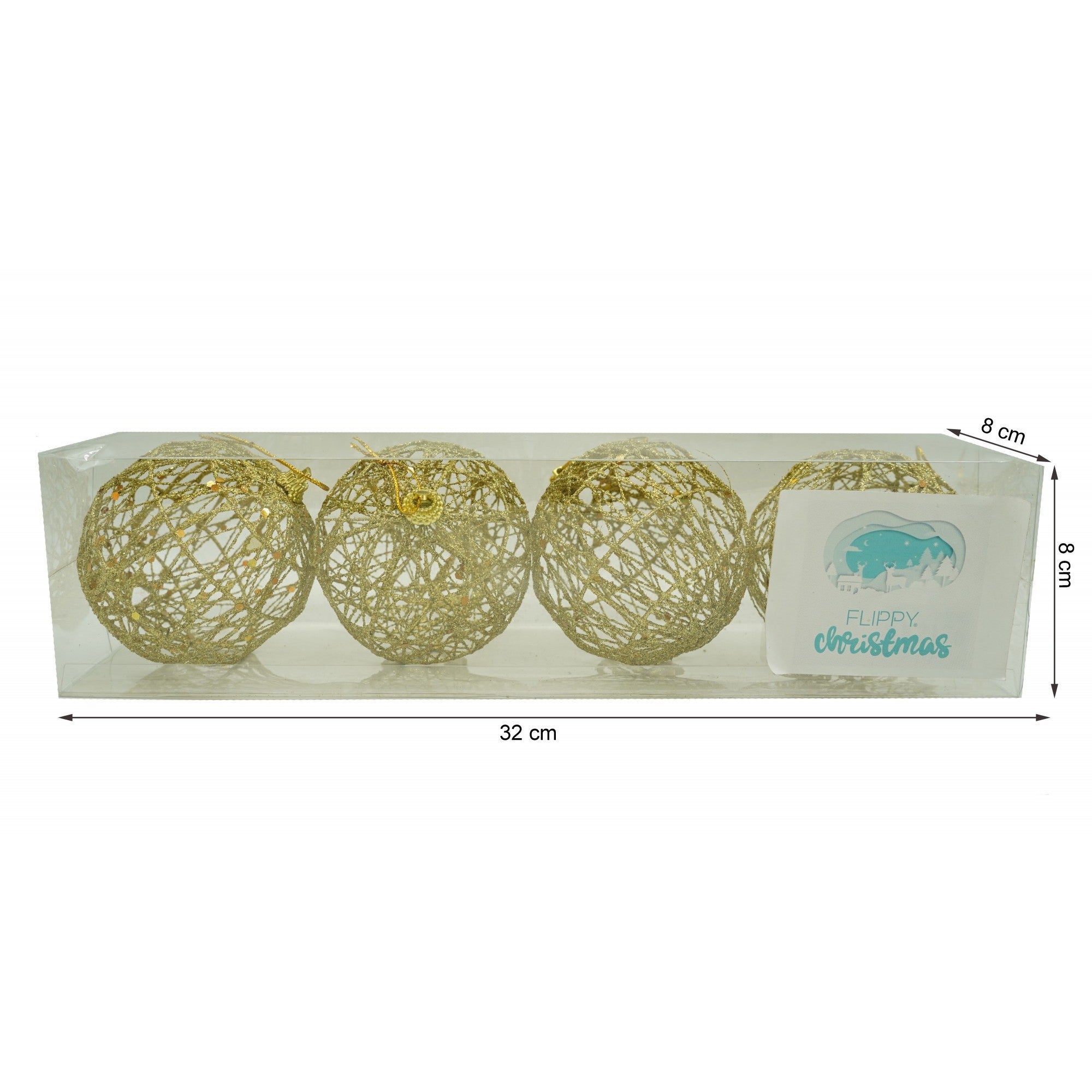 Set de 4 ornamente de brad, de tip Glob, Auriu, cu ø de 8 cm, din metal, cu finisaj sclipitor , cutie 8 cm adancime x 32 cm lungime x 8 cm inaltime