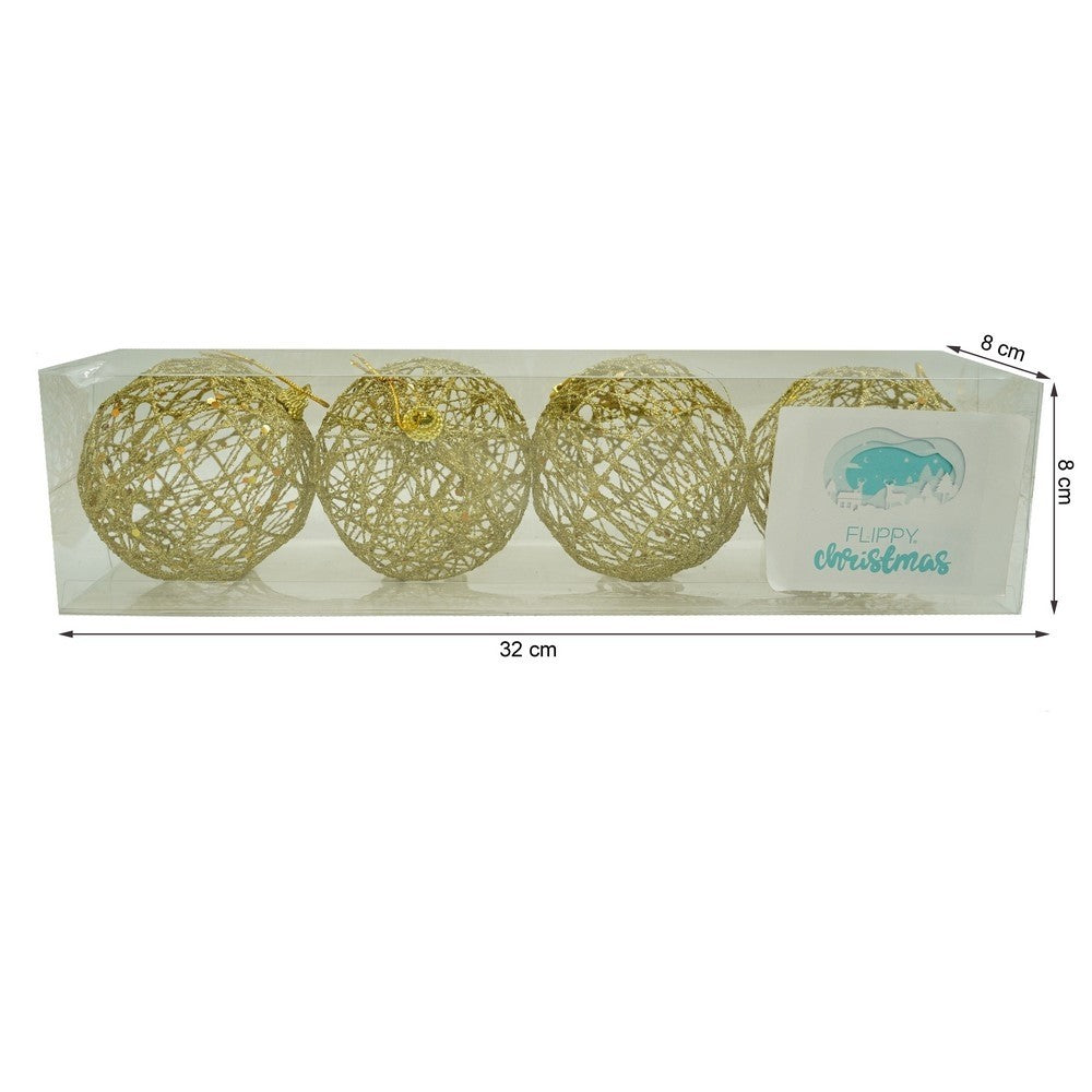 Set de 4 ornamente de brad, de tip Glob, Auriu, cu ø de 8 cm, din metal, cu finisaj sclipitor , cutie 8 cm adancime x 32 cm lungime x 8 cm inaltime