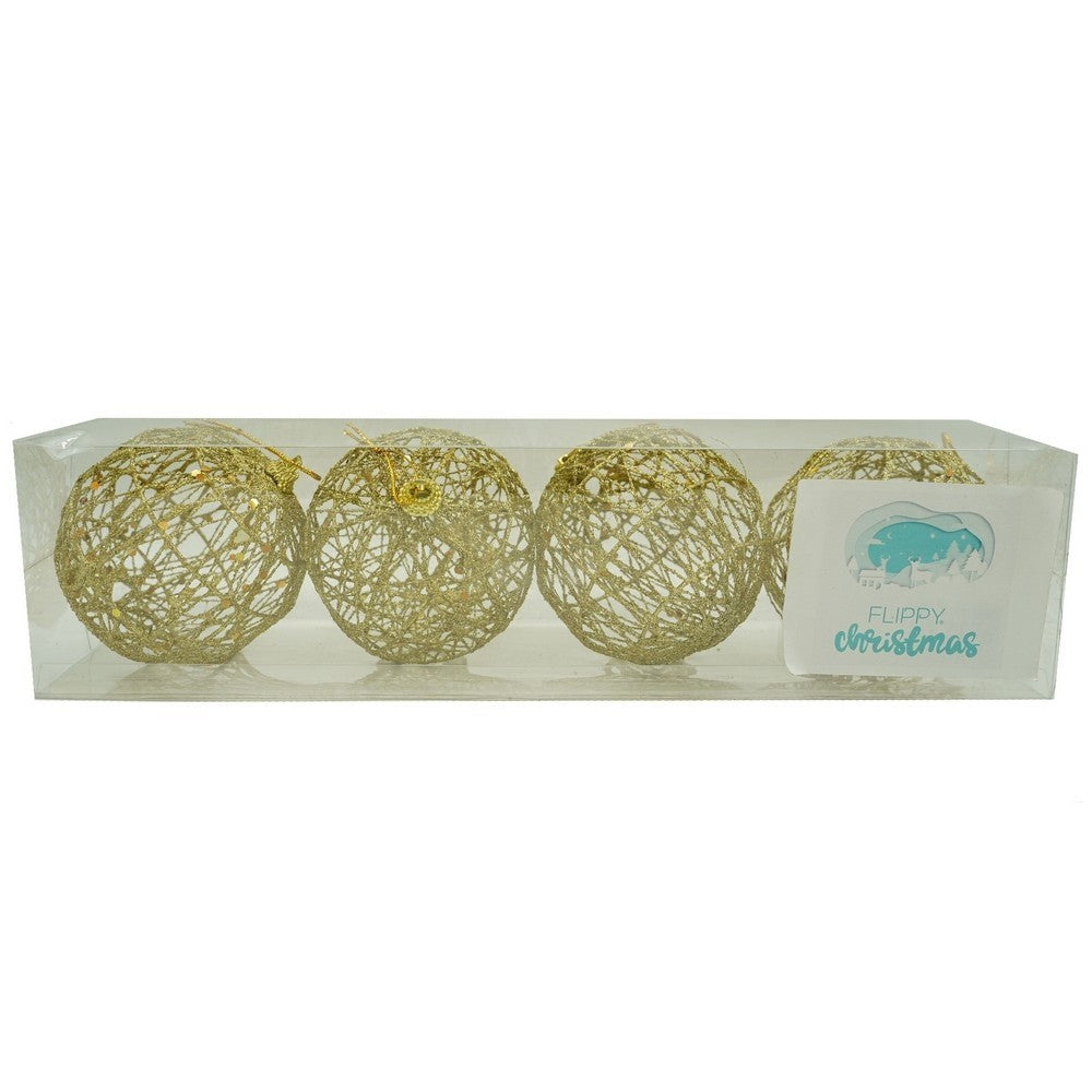 Set de 4 ornamente de brad, de tip Glob, Auriu, cu ø de 8 cm, din metal, cu finisaj sclipitor , cutie 8 cm adancime x 32 cm lungime x 8 cm inaltime
