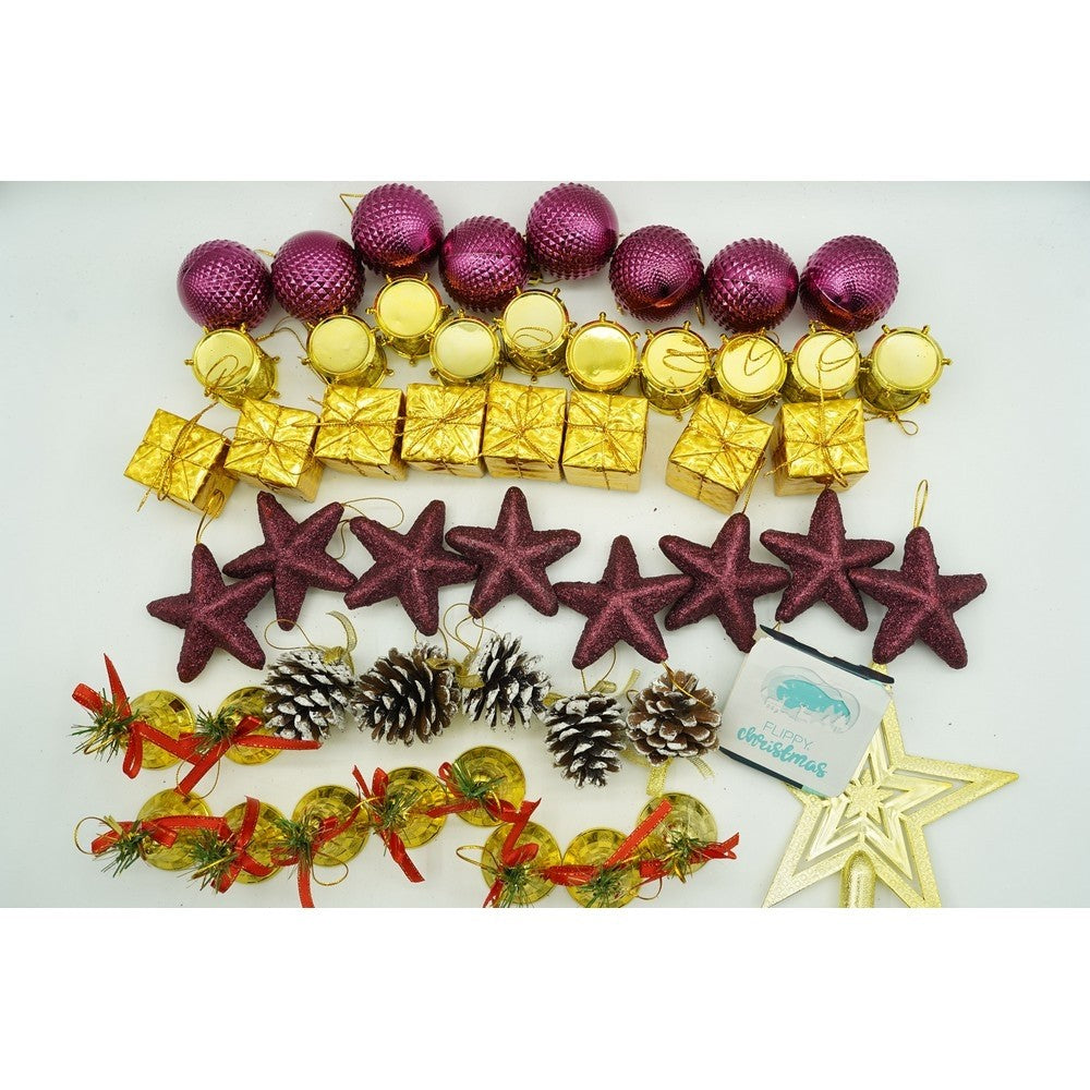 Set de 50 ornamente de brad, de tip Glob, Rosu/ Auriu, din plastic, cu finisaj sclipitor , cutie 18 cm lungime x 12 cm adancime x 18 cm inaltime