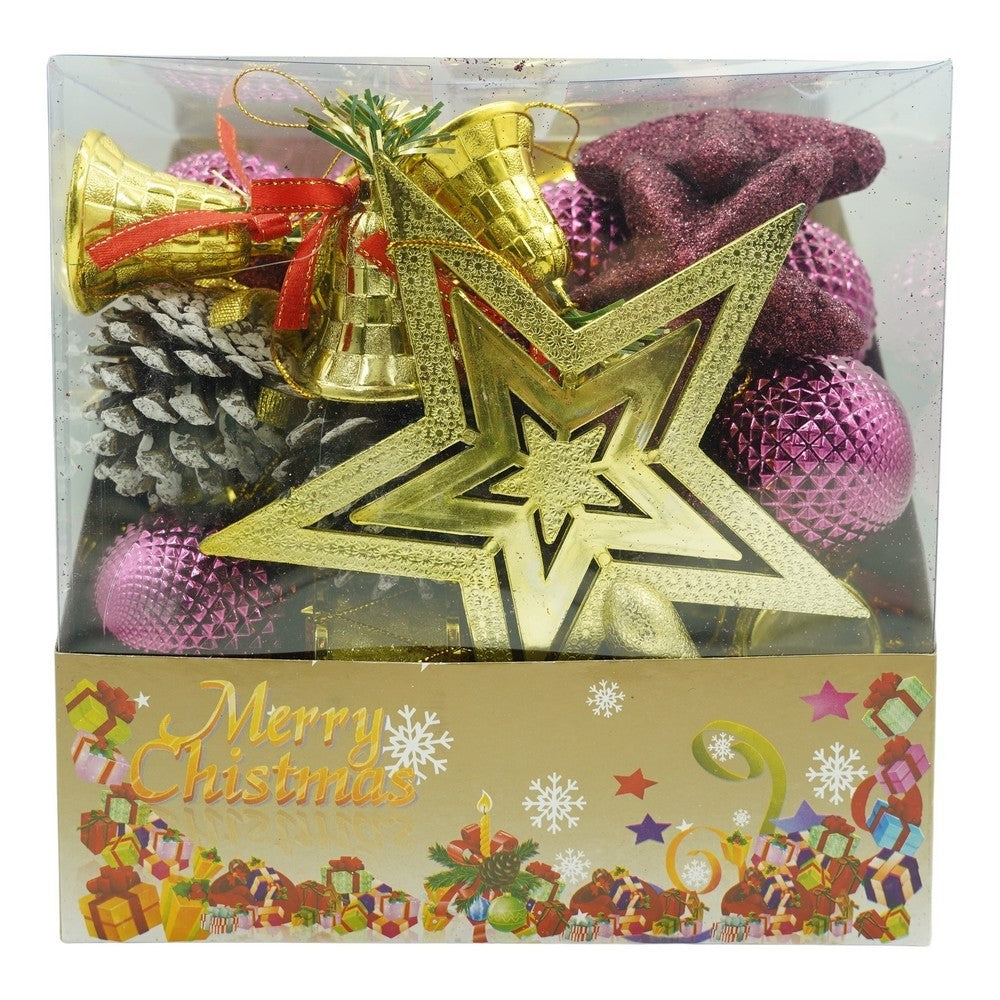 Set de 50 ornamente de brad, de tip Glob, Rosu/ Auriu, din plastic, cu finisaj sclipitor , cutie 18 cm lungime x 12 cm adancime x 18 cm inaltime