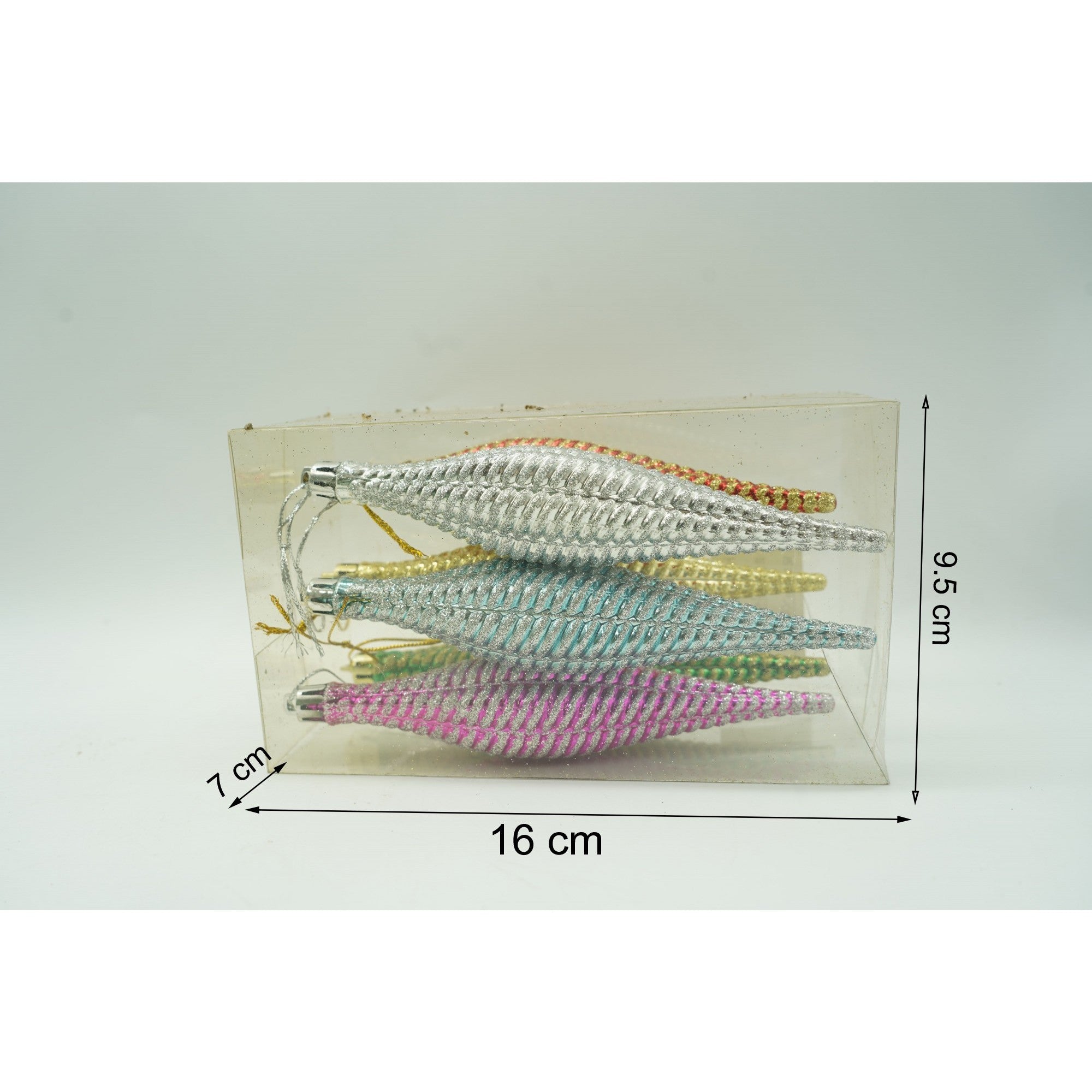 Set de 6 ornamente de brad, de tip Asimetric, Multicolor, cu ø de 3.5 cm, din plastic, cu finisaj sclipitor , cutie 16 cm inaltime x 9.5 cm lungime x 7 cm adancime
