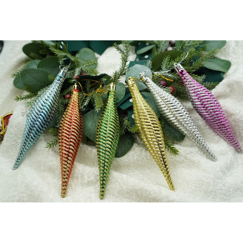 Set de 6 ornamente de brad, de tip Asimetric, Multicolor, cu ø de 3.5 cm, din plastic, cu finisaj sclipitor , cutie 16 cm inaltime x 9.5 cm lungime x 7 cm adancime