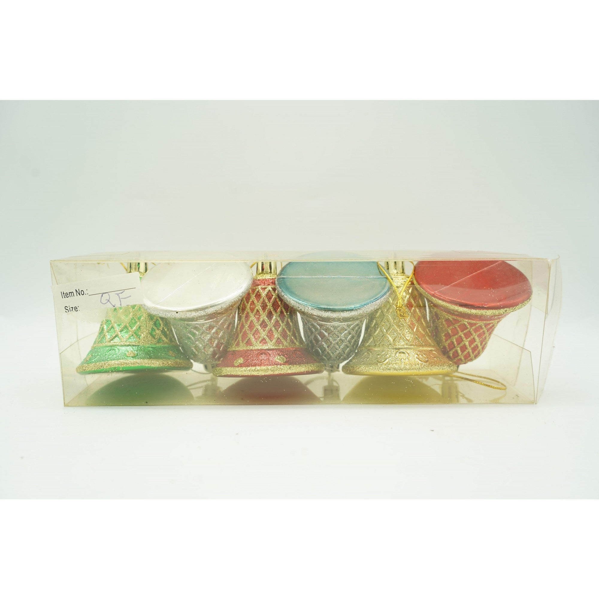 Set de 6 ornamente de brad, de tip Clopotel, Multicolor, cu ø de 5.5 cm, din plastic, cu finisaj sclipitor , cutie 22 cm lungime x 6.7 cm inaltime x 5 cm adancime