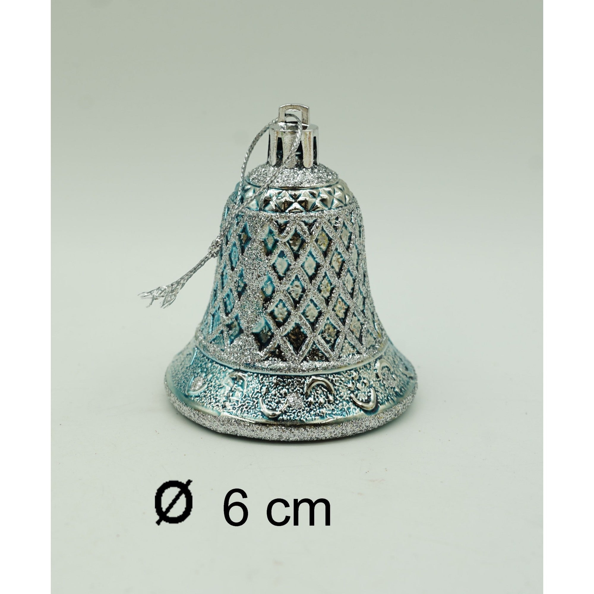 Set de 6 ornamente de brad, de tip Clopotel, Multicolor, cu ø de 5.5 cm, din plastic, cu finisaj sclipitor , cutie 22 cm lungime x 6.7 cm inaltime x 5 cm adancime