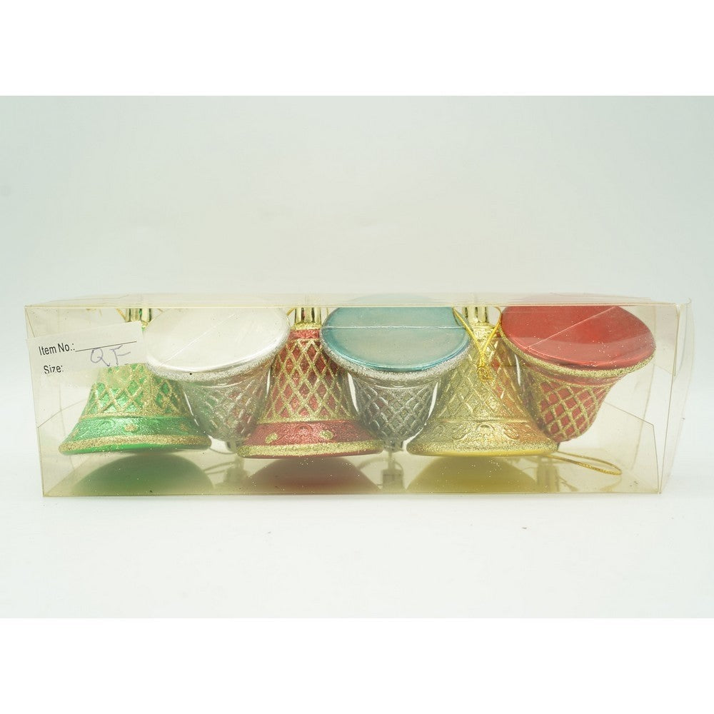 Set de 6 ornamente de brad, de tip Clopotel, Multicolor, cu ø de 5.5 cm, din plastic, cu finisaj sclipitor , cutie 22 cm lungime x 6.7 cm inaltime x 5 cm adancime