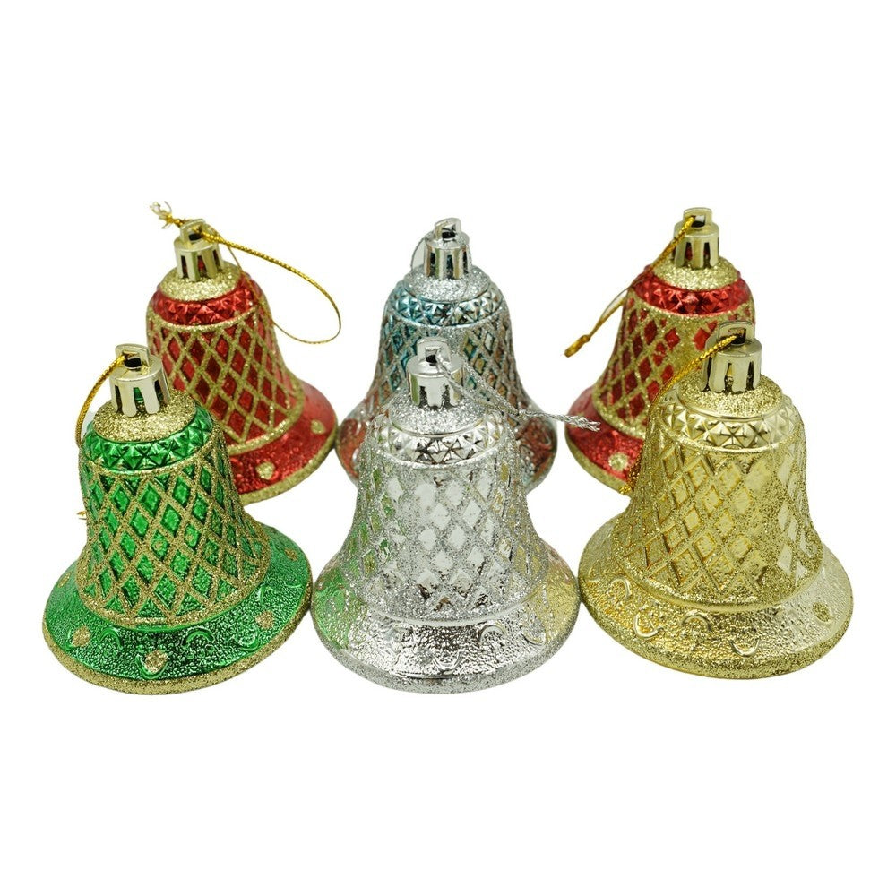 Set de 6 ornamente de brad, de tip Clopotel, Multicolor, cu ø de 5.5 cm, din plastic, cu finisaj sclipitor , cutie 22 cm lungime x 6.7 cm inaltime x 5 cm adancime