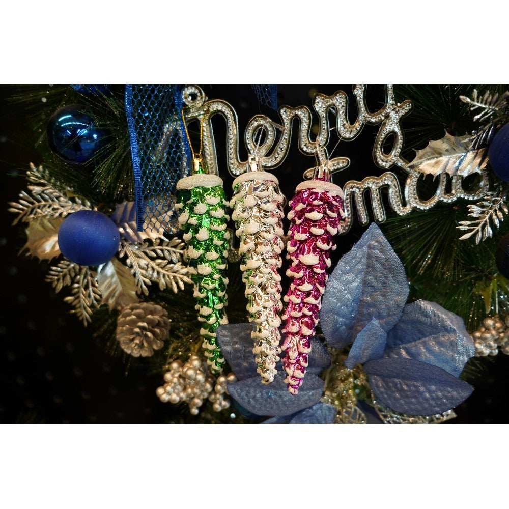 Set de 6 ornamente de brad, de tip Con de brad, Multicolor, cu ø de 3*3 cm, din plastic, cu finisaj sclipitor , cutie 14 cm inaltime x 14.7 cm lungime x 3.5 cm adancime