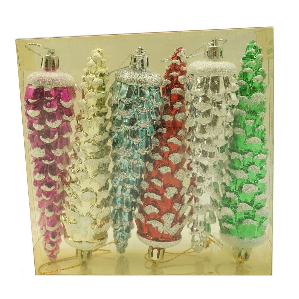Set de 6 ornamente de brad, de tip Con de brad, Multicolor, cu ø de 3*3 cm, din plastic, cu finisaj sclipitor , cutie 14 cm inaltime x 14.7 cm lungime x 3.5 cm adancime
