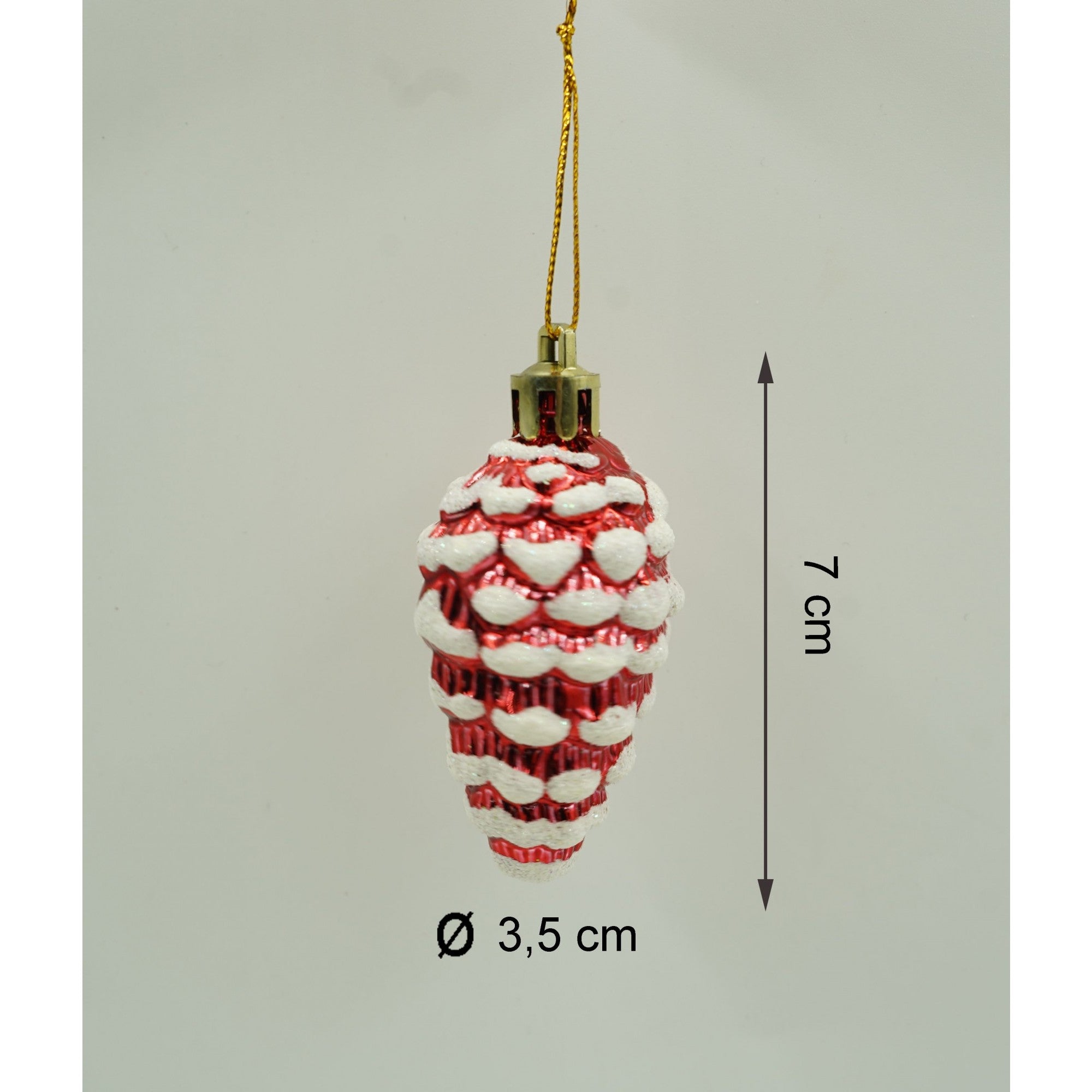Set de 6 ornamente de brad, de tip Con de brad, Multicolor, cu ø de 3.5 cm, din plastic, cu finisaj sclipitor , cutie 21 cm lungime x 6.5 cm inaltime x 3.6 cm adancime