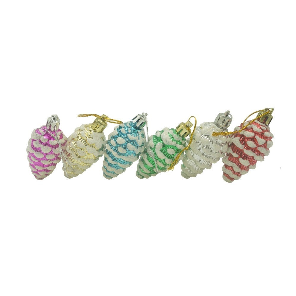 Set de 6 ornamente de brad, de tip Con de brad, Multicolor, cu ø de 3.5 cm, din plastic, cu finisaj sclipitor , cutie 21 cm lungime x 6.5 cm inaltime x 3.6 cm adancime
