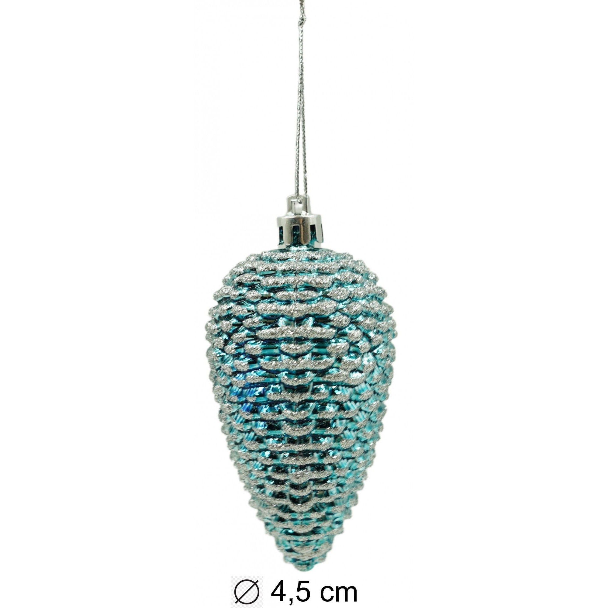 Set de 6 ornamente de brad, de tip Con de brad, Multicolor, cu ø de 4.5 cm, din plastic, cu finisaj sclipitor , cutie 25 cm lungime x 9 cm inaltime x 4 cm adancime
