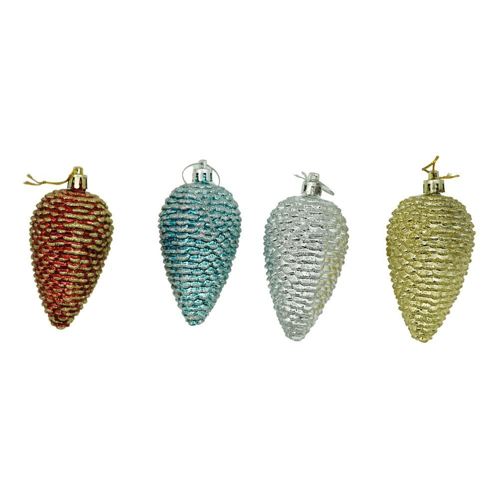 Set de 6 ornamente de brad, de tip Con de brad, Multicolor, cu ø de 4.5 cm, din plastic, cu finisaj sclipitor , cutie 25 cm lungime x 9 cm inaltime x 4 cm adancime