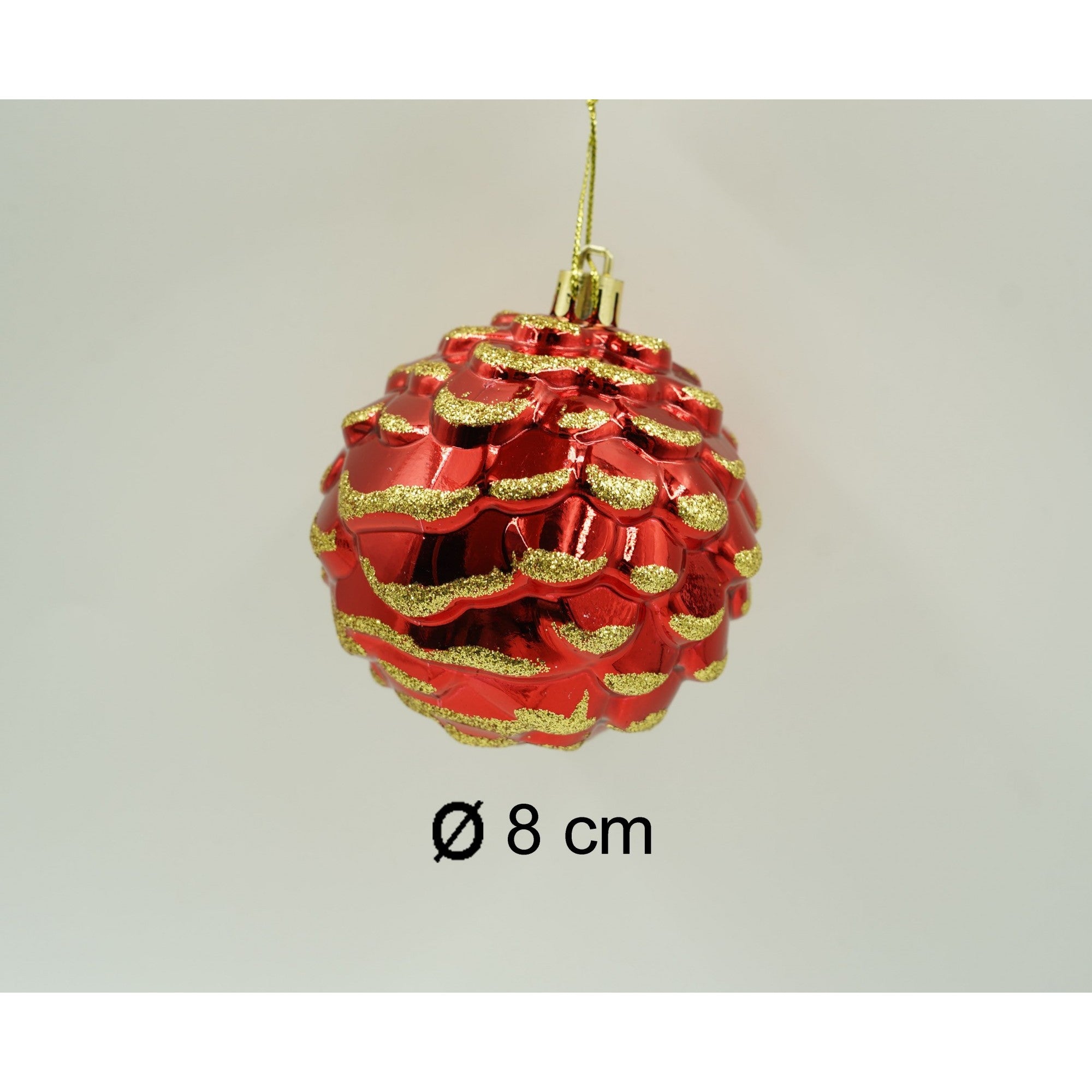 Set de 6 ornamente de brad, de tip Con de brad, Rosu/ Auriu, cu ø de 8 cm, din plastic, cu finisaj sclipitor , cutie 24 cm inaltime x 16 cm lungime x 8 cm adancime