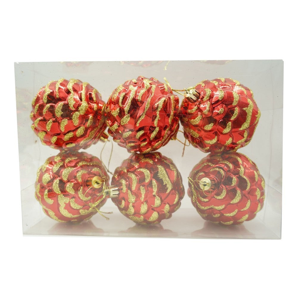 Set de 6 ornamente de brad, de tip Con de brad, Rosu/ Auriu, cu ø de 8 cm, din plastic, cu finisaj sclipitor , cutie 24 cm inaltime x 16 cm lungime x 8 cm adancime