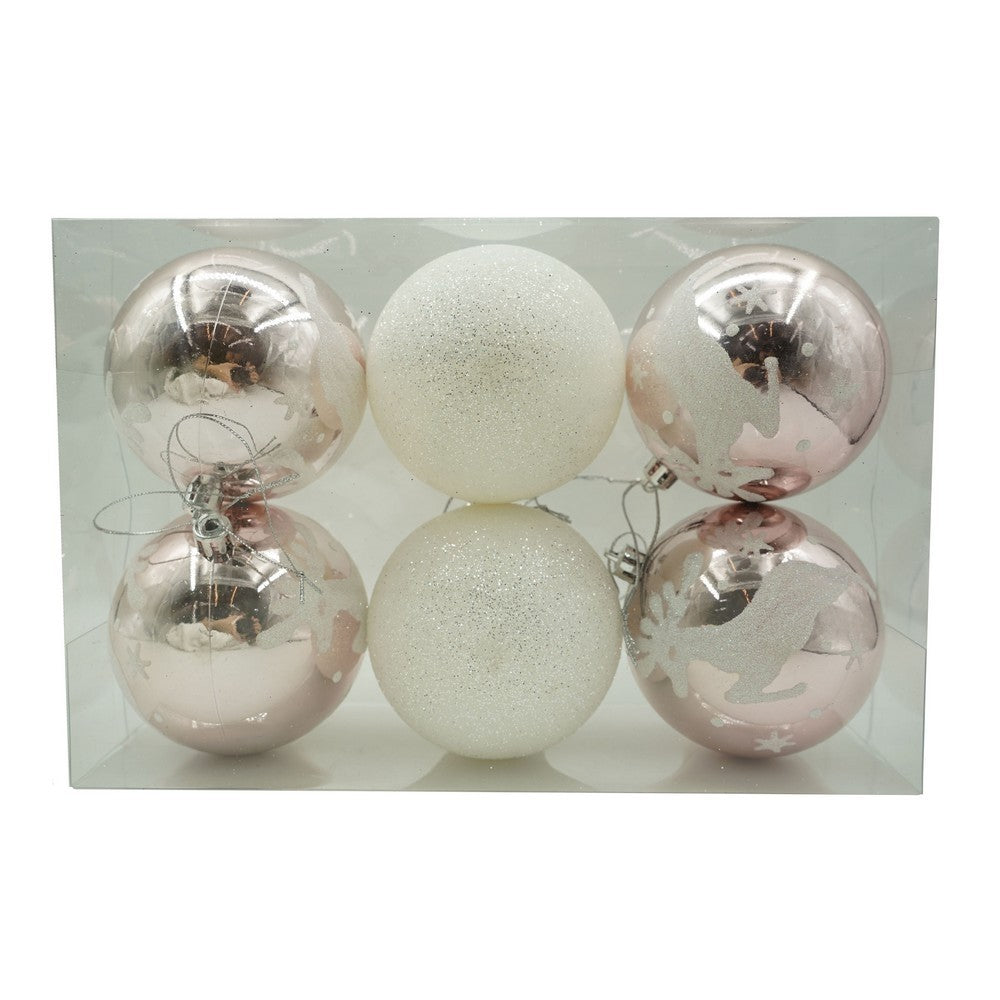 Set de 6 ornamente de brad, de tip Glob, Alb/ Argintiu, cu ø de 8 cm, din plastic, cu finisaj sclipitor , cutie 24 cm inaltime x 16 cm lungime x 8 cm adancime