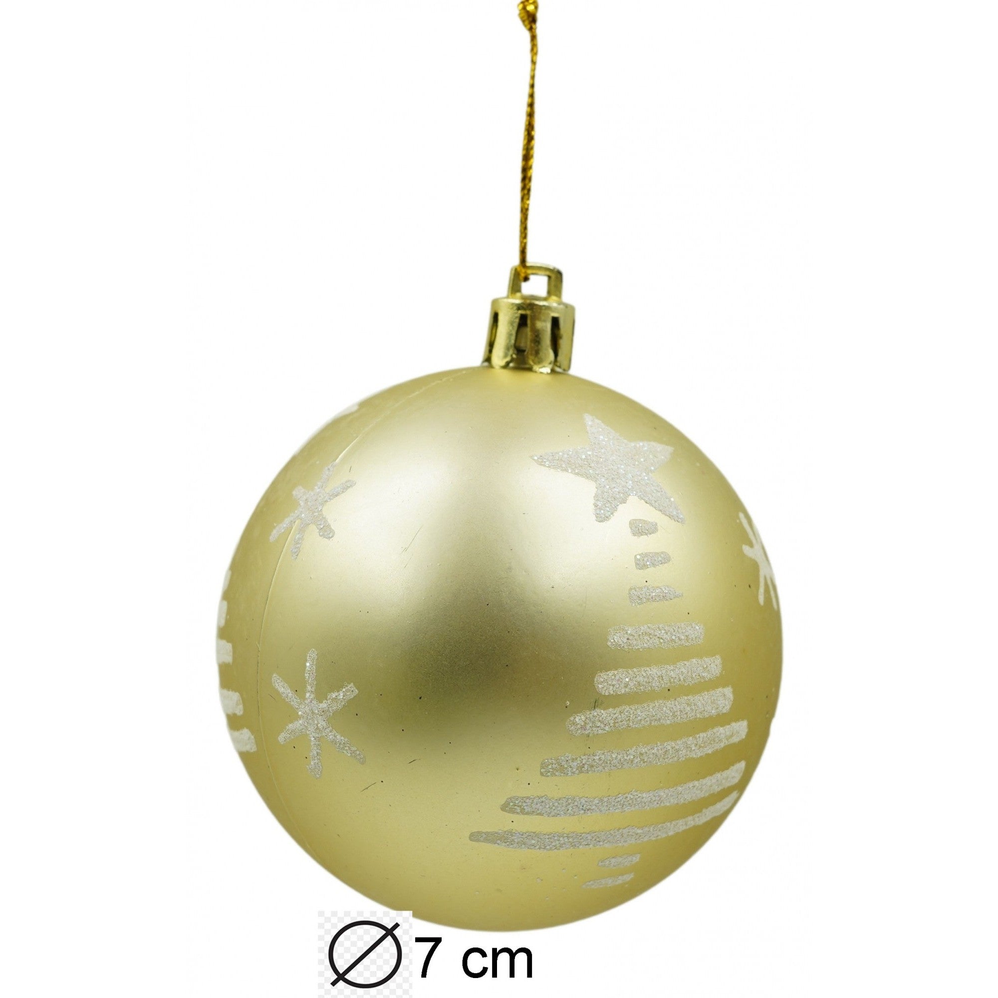 Set de 6 ornamente de brad, de tip Glob, Alb/ Auriu, cu ø de 7 cm, din plastic, cu finisaj sclipitor , cutie 21 cm inaltime x 14 cm lungime x 7 cm adancime