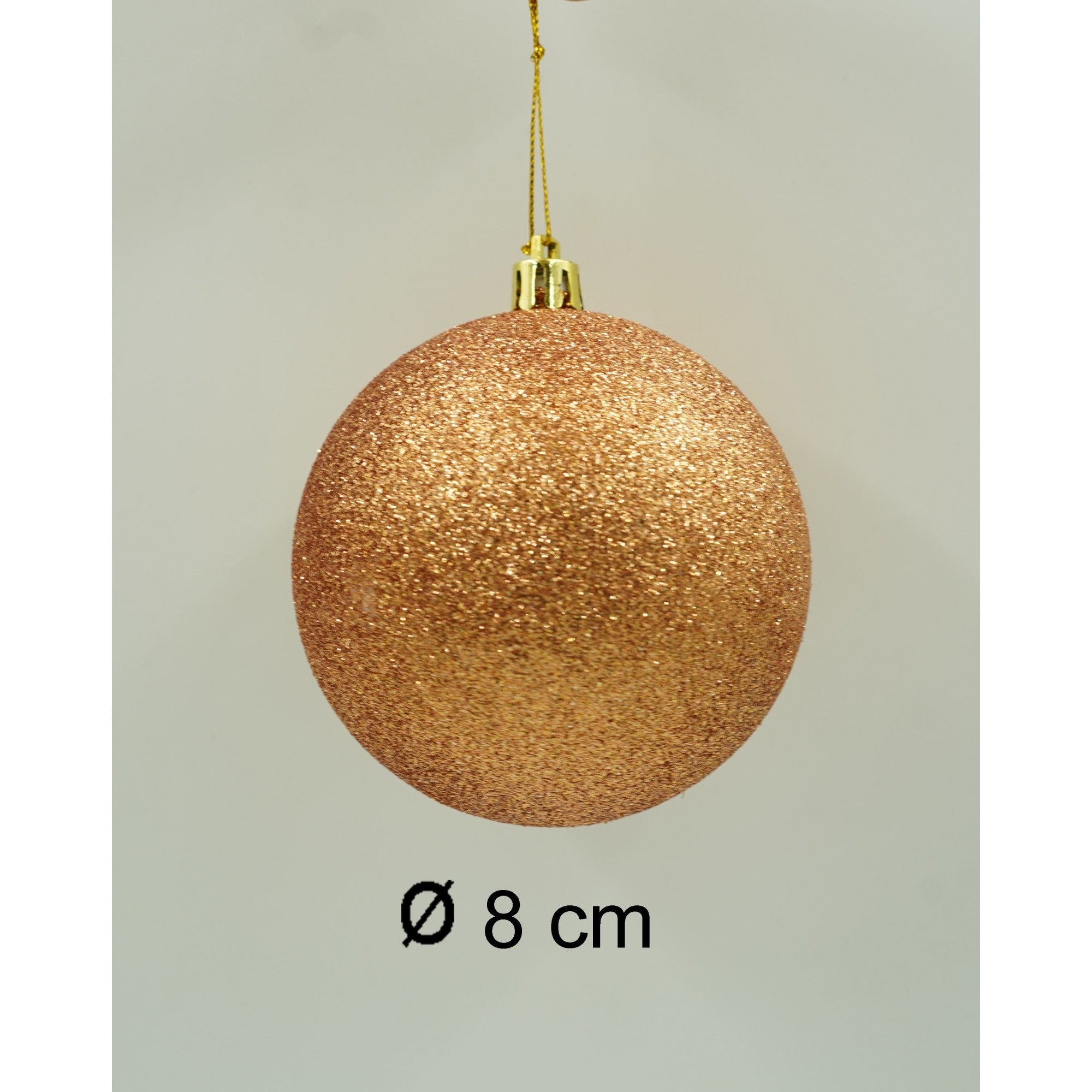 Set de 6 ornamente de brad, de tip Glob, Aramiu, cu ø de 8 cm, din plastic, cu finisaj sclipitor , cutie 24 cm inaltime x 16 cm lungime x 8 cm adancime