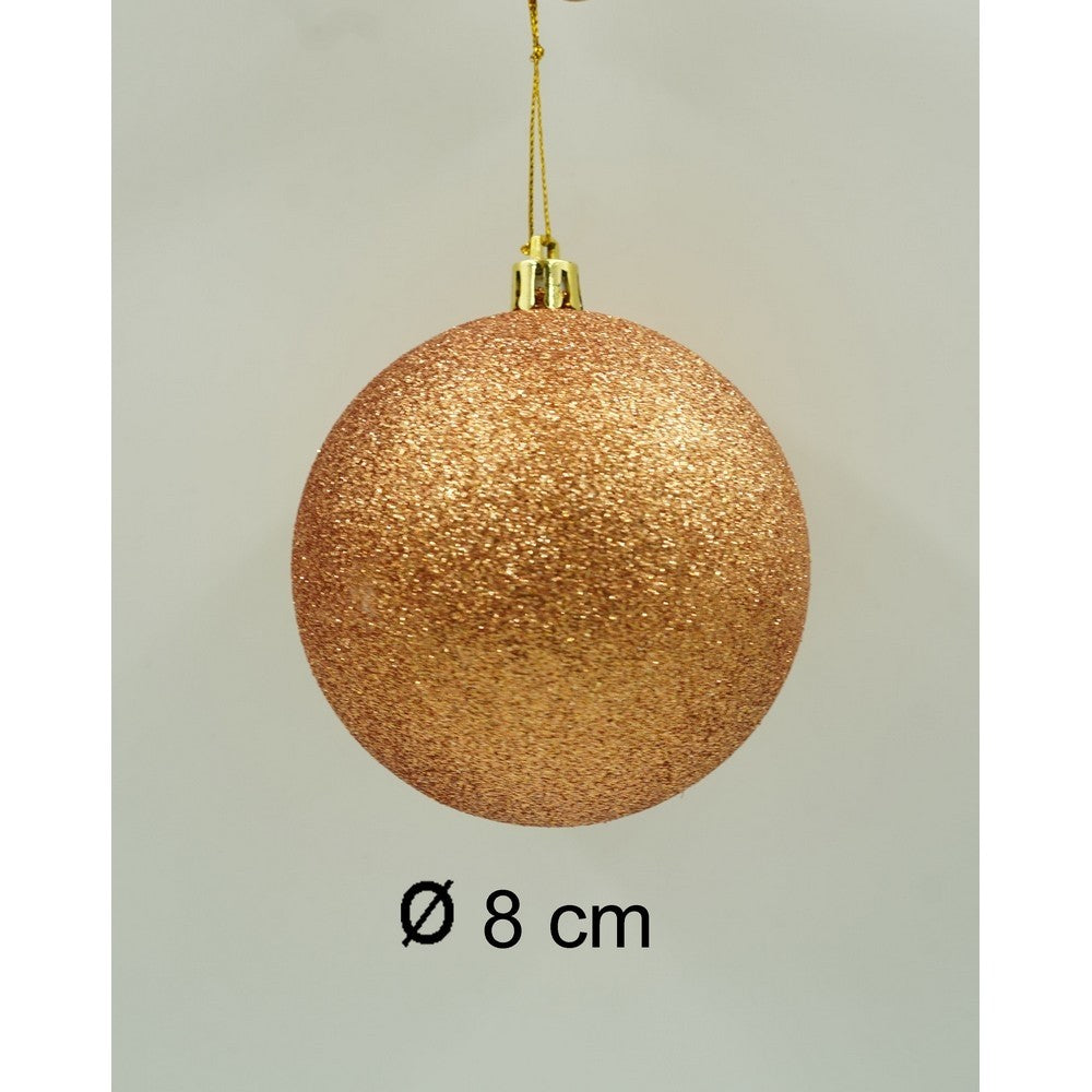 Set de 6 ornamente de brad, de tip Glob, Aramiu, cu ø de 8 cm, din plastic, cu finisaj sclipitor , cutie 24 cm inaltime x 16 cm lungime x 8 cm adancime