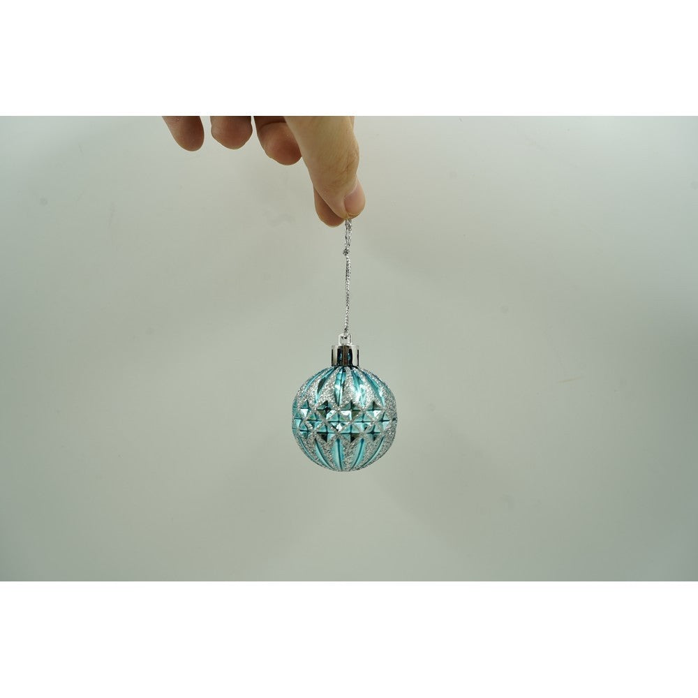 Set de 6 ornamente de brad, de tip Glob, Multicolor, cu ø de 4 cm, din plastic, cu finisaj sclipitor , cutie 12 cm inaltime x 8 cm lungime x 4 cm adancime