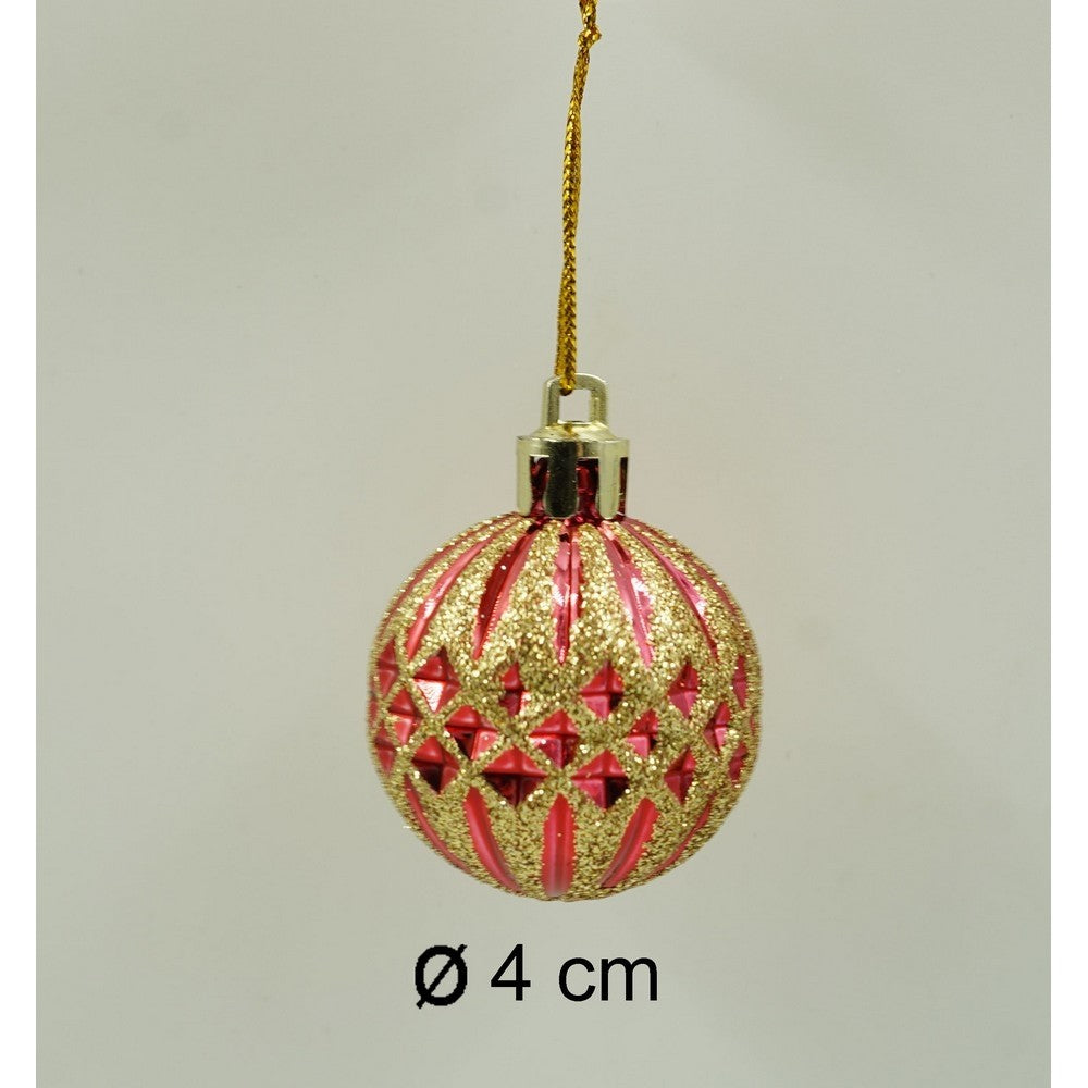 Set de 6 ornamente de brad, de tip Glob, Multicolor, cu ø de 4 cm, din plastic, cu finisaj sclipitor , cutie 12 cm inaltime x 8 cm lungime x 4 cm adancime