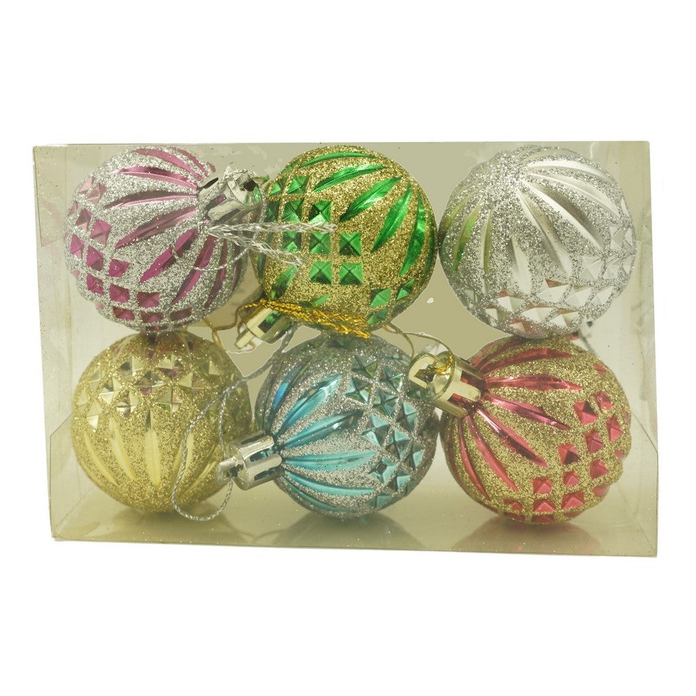 Set de 6 ornamente de brad, de tip Glob, Multicolor, cu ø de 4 cm, din plastic, cu finisaj sclipitor , cutie 12 cm inaltime x 8 cm lungime x 4 cm adancime