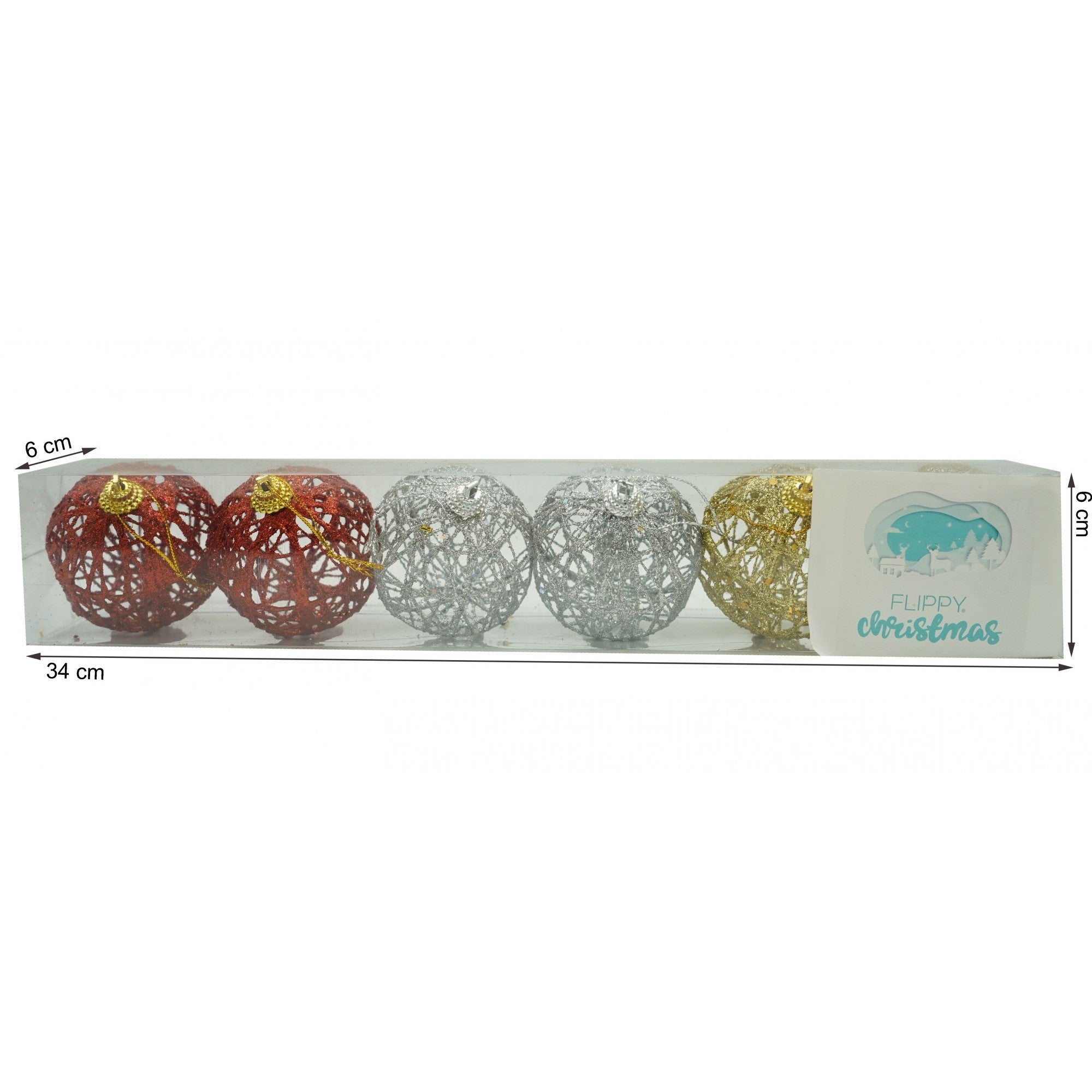 Set de 6 ornamente de brad, de tip Glob, Multicolor, cu ø de 6 cm, din metal, cu finisaj sclipitor , cutie 6 cm adancime x 34 cm lungime x 6 cm inaltime