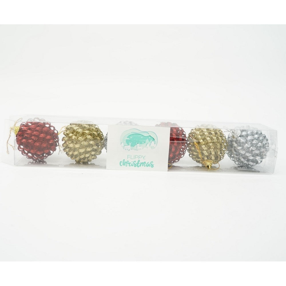 Set de 6 ornamente de brad, de tip Glob, Multicolor, cu ø de 6 cm, din metal, cu finisaj sclipitor , cutie 6 cm adancime x 34 cm lungime x 6 cm inaltime