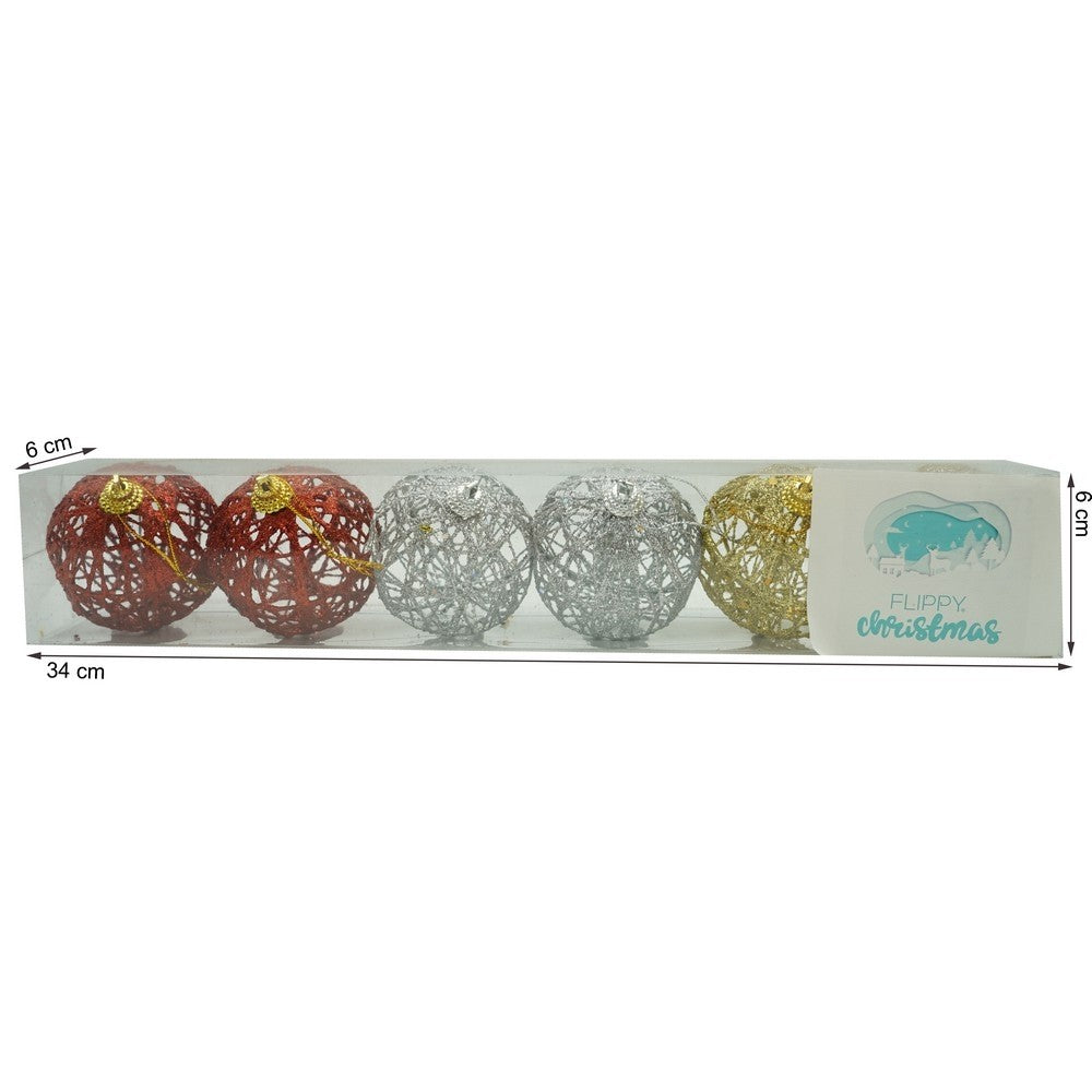 Set de 6 ornamente de brad, de tip Glob, Multicolor, cu ø de 6 cm, din metal, cu finisaj sclipitor , cutie 6 cm adancime x 34 cm lungime x 6 cm inaltime