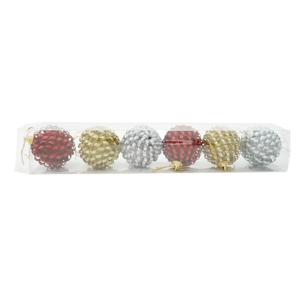 Set de 6 ornamente de brad, de tip Glob, Multicolor, cu ø de 6 cm, din metal, cu finisaj sclipitor , cutie 6 cm adancime x 34 cm lungime x 6 cm inaltime