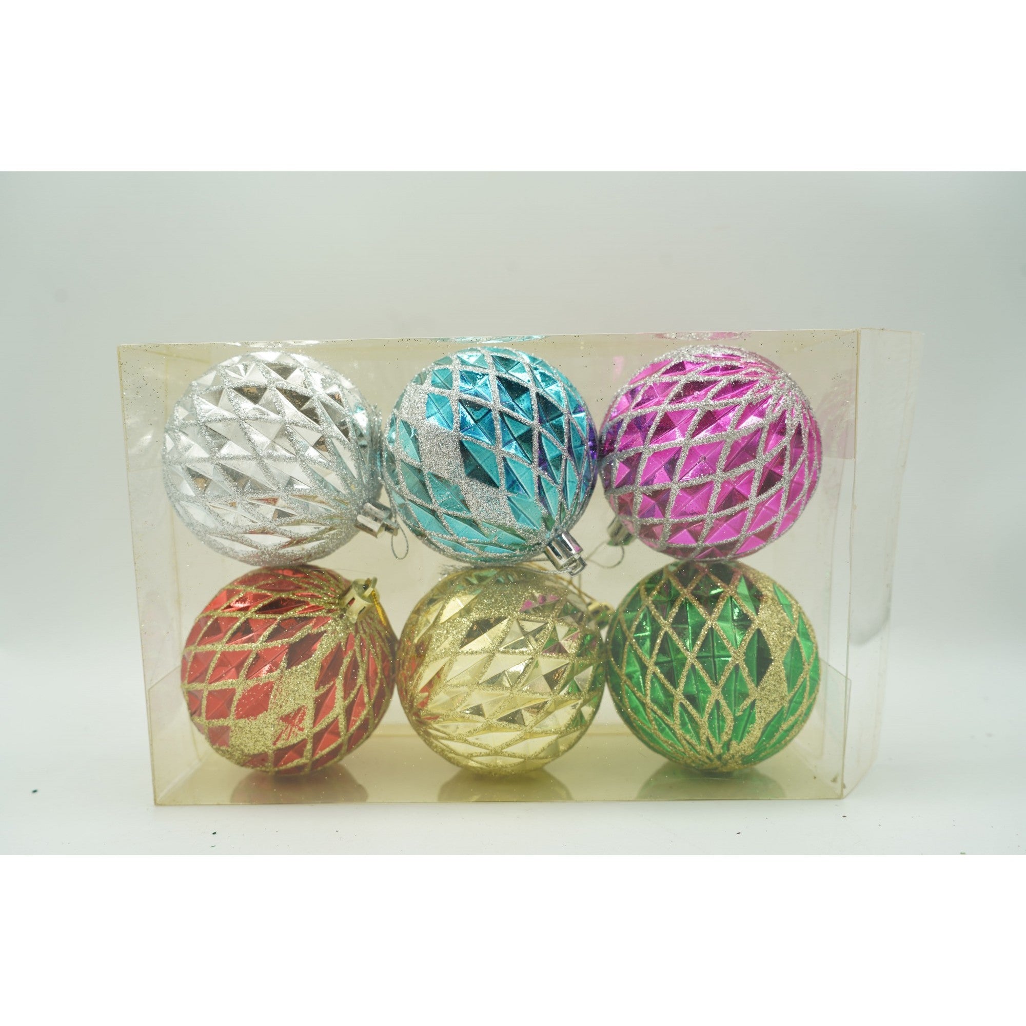 Set de 6 ornamente de brad, de tip Glob, Multicolor, cu ø de 8 cm, din plastic, cu finisaj sclipitor , cutie 24 cm inaltime x 16 cm lungime x 8 cm adancime
