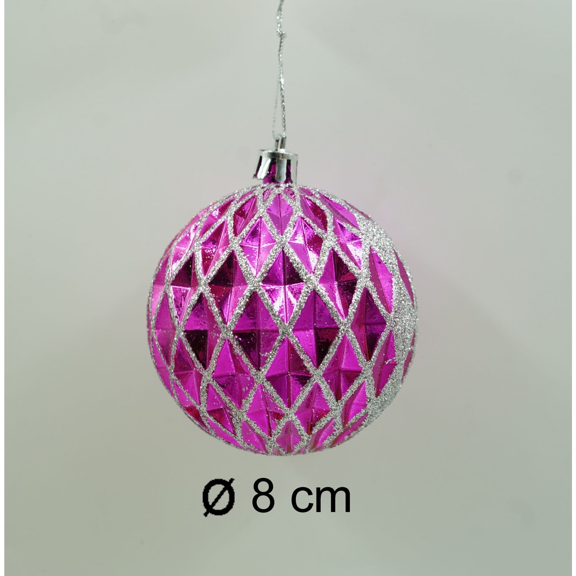 Set de 6 ornamente de brad, de tip Glob, Multicolor, cu ø de 8 cm, din plastic, cu finisaj sclipitor , cutie 24 cm inaltime x 16 cm lungime x 8 cm adancime