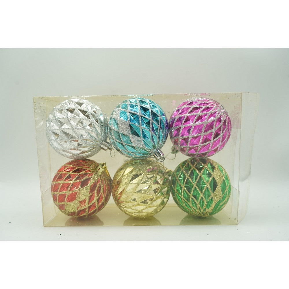 Set de 6 ornamente de brad, de tip Glob, Multicolor, cu ø de 8 cm, din plastic, cu finisaj sclipitor , cutie 24 cm inaltime x 16 cm lungime x 8 cm adancime
