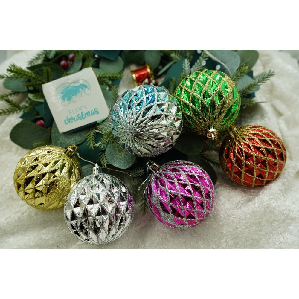 Set de 6 ornamente de brad, de tip Glob, Multicolor, cu ø de 8 cm, din plastic, cu finisaj sclipitor , cutie 24 cm inaltime x 16 cm lungime x 8 cm adancime